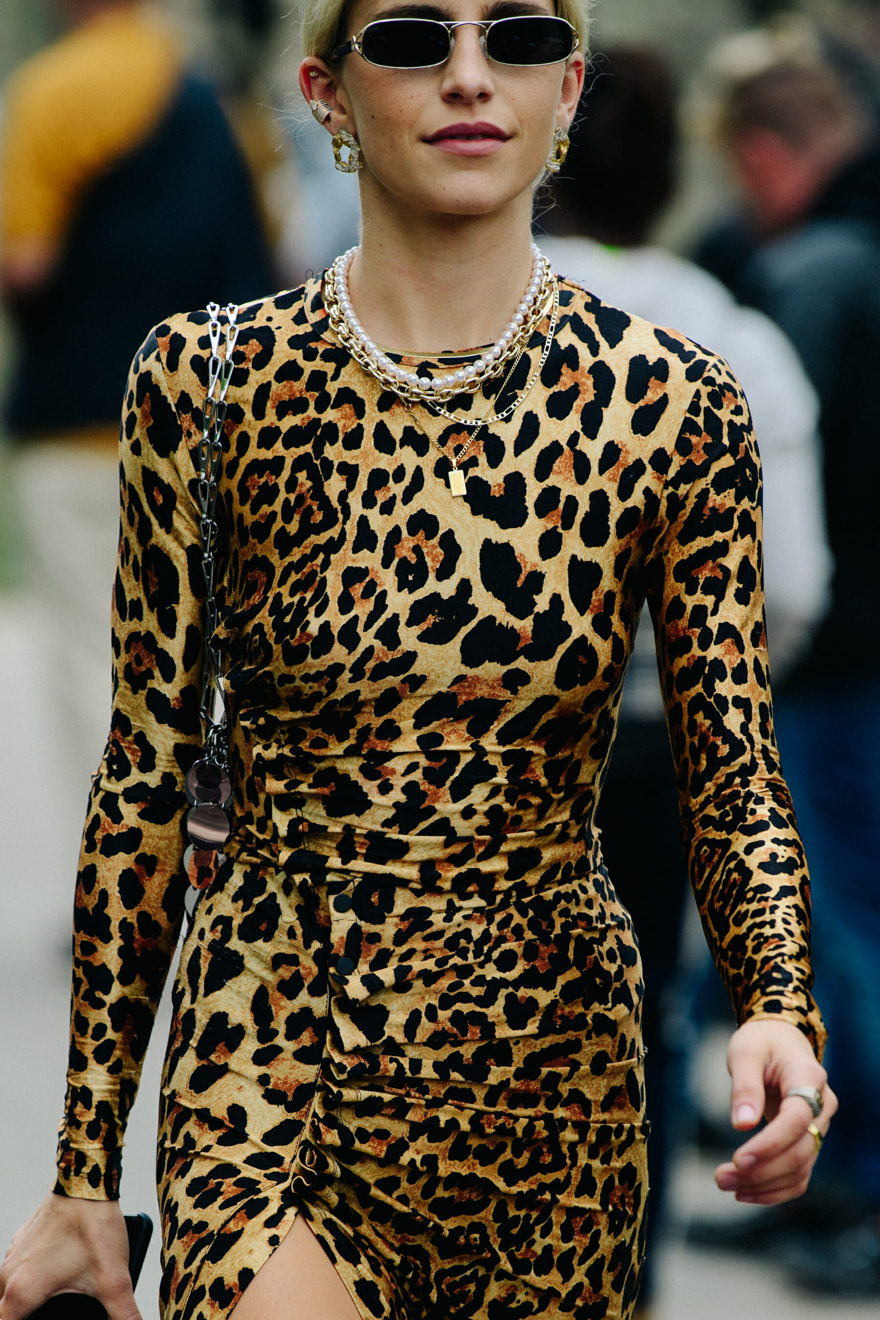 Woman wearing animal print dress