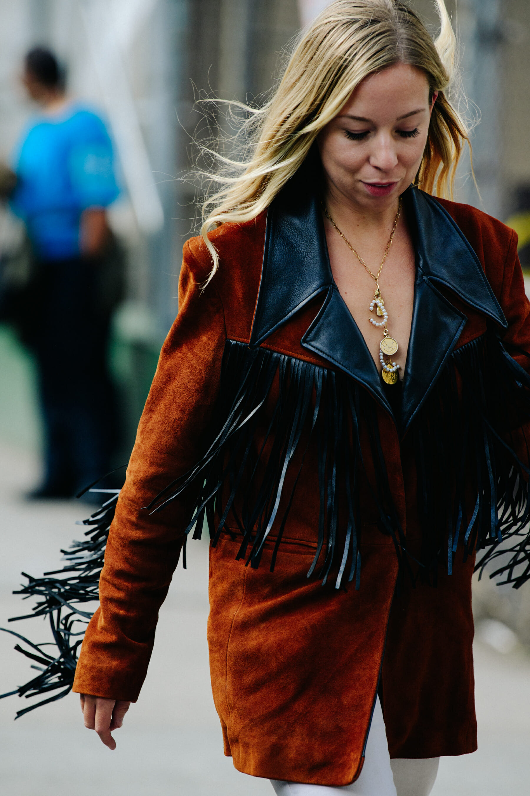 Woman wearing brown jacket