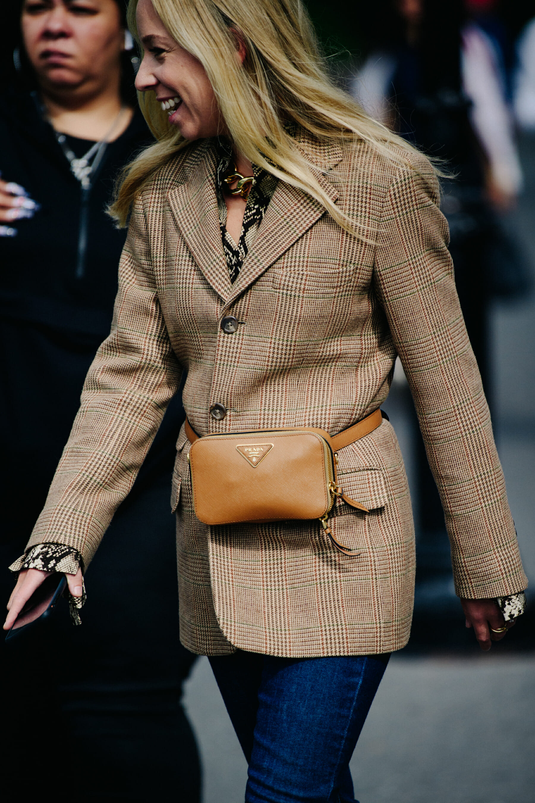 Woman wearing check jacket