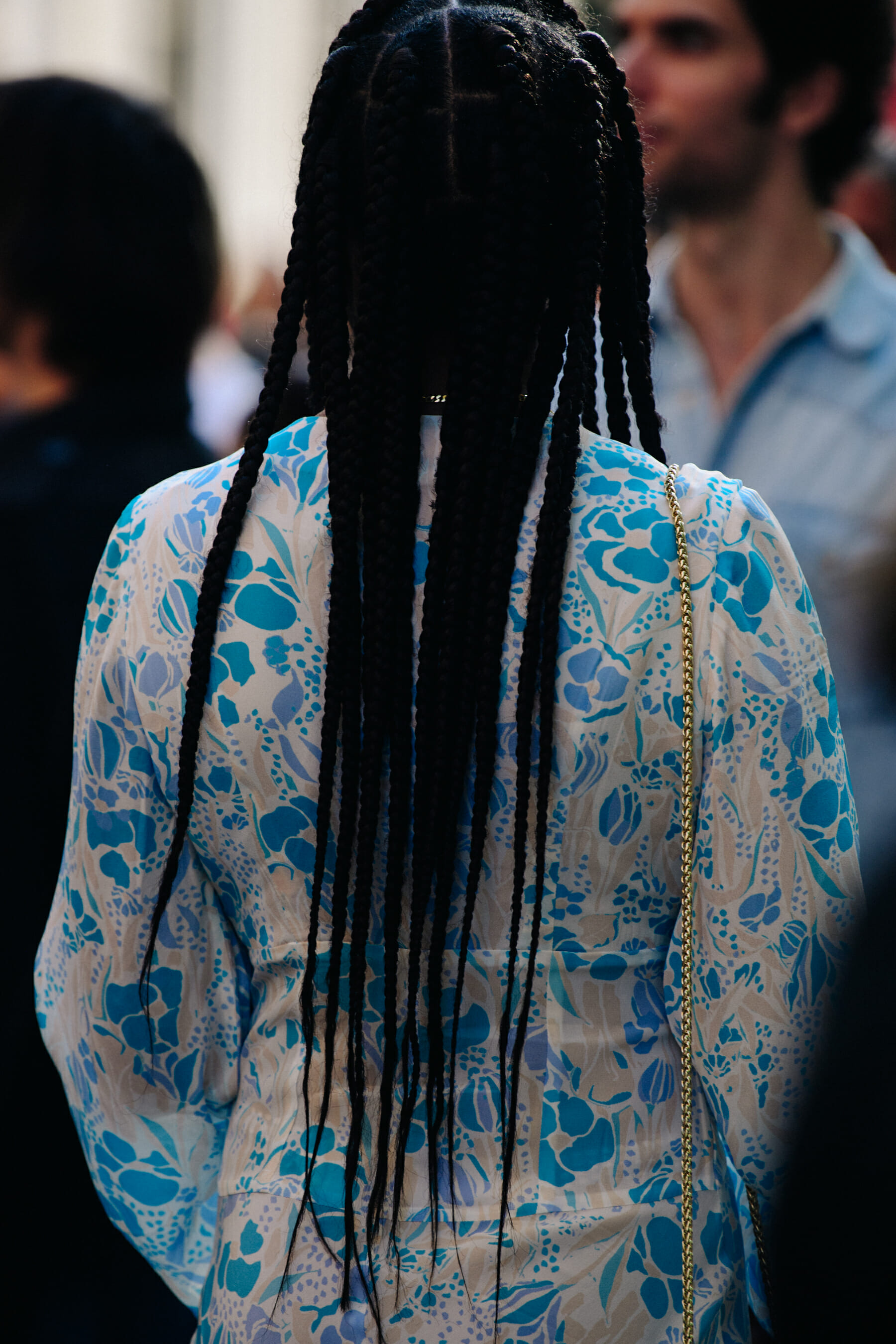 Woman wearing blue dress