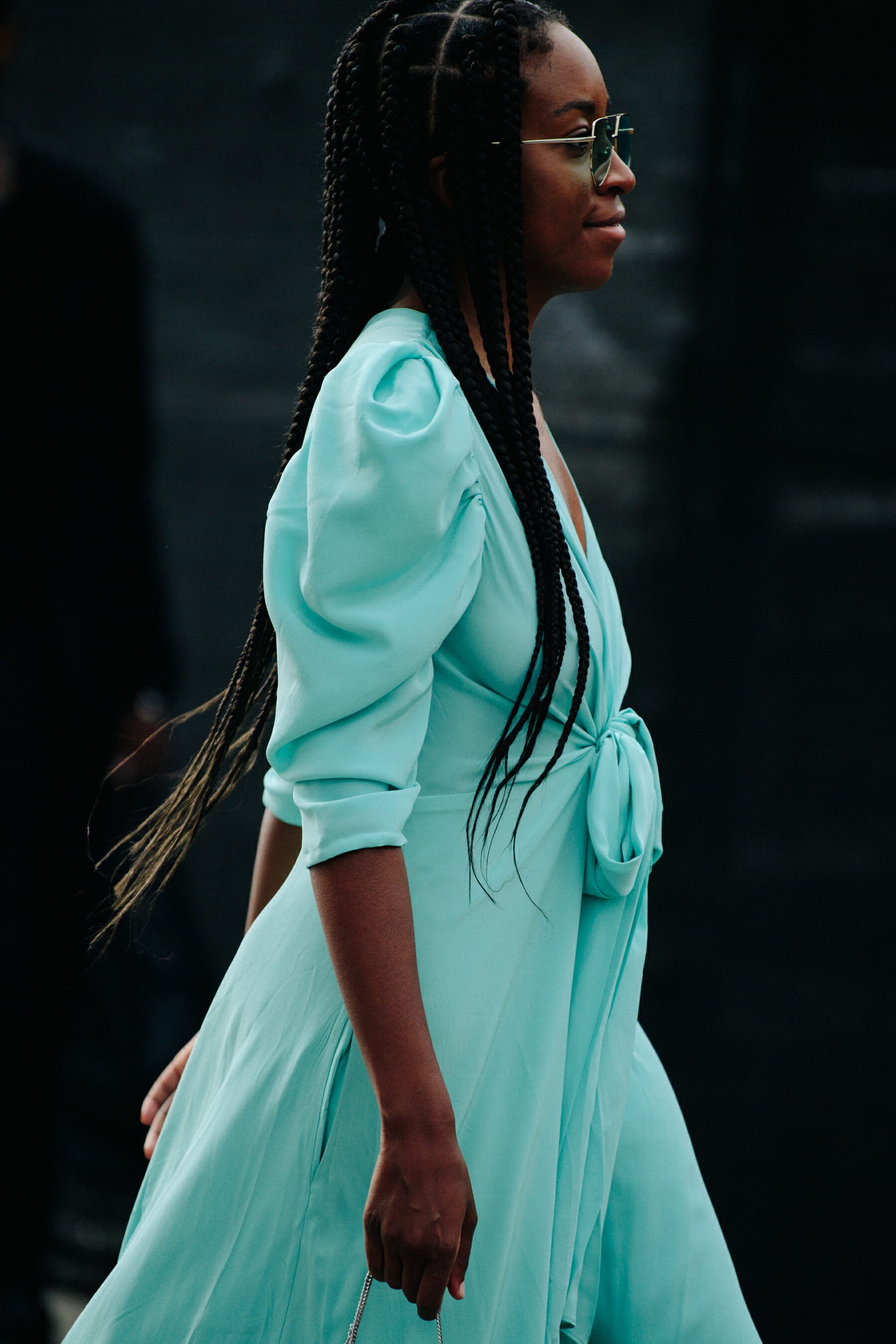Woman wearing blue dress