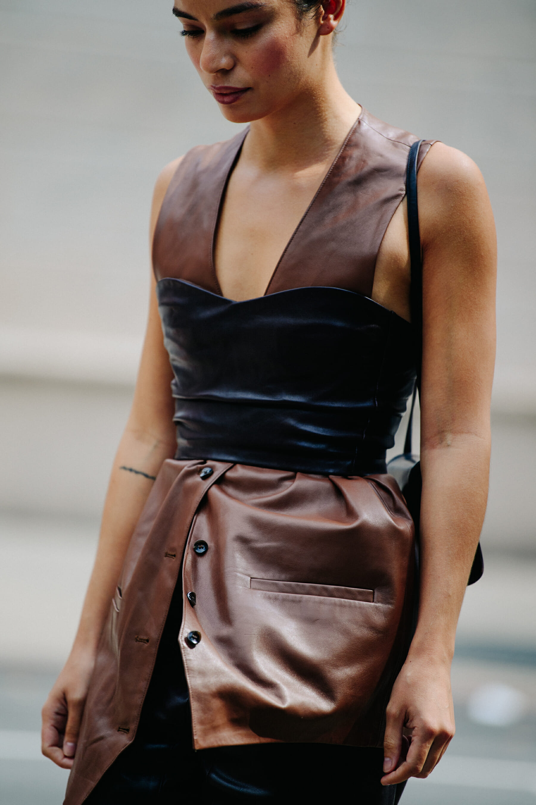 Woman wearing brown dress