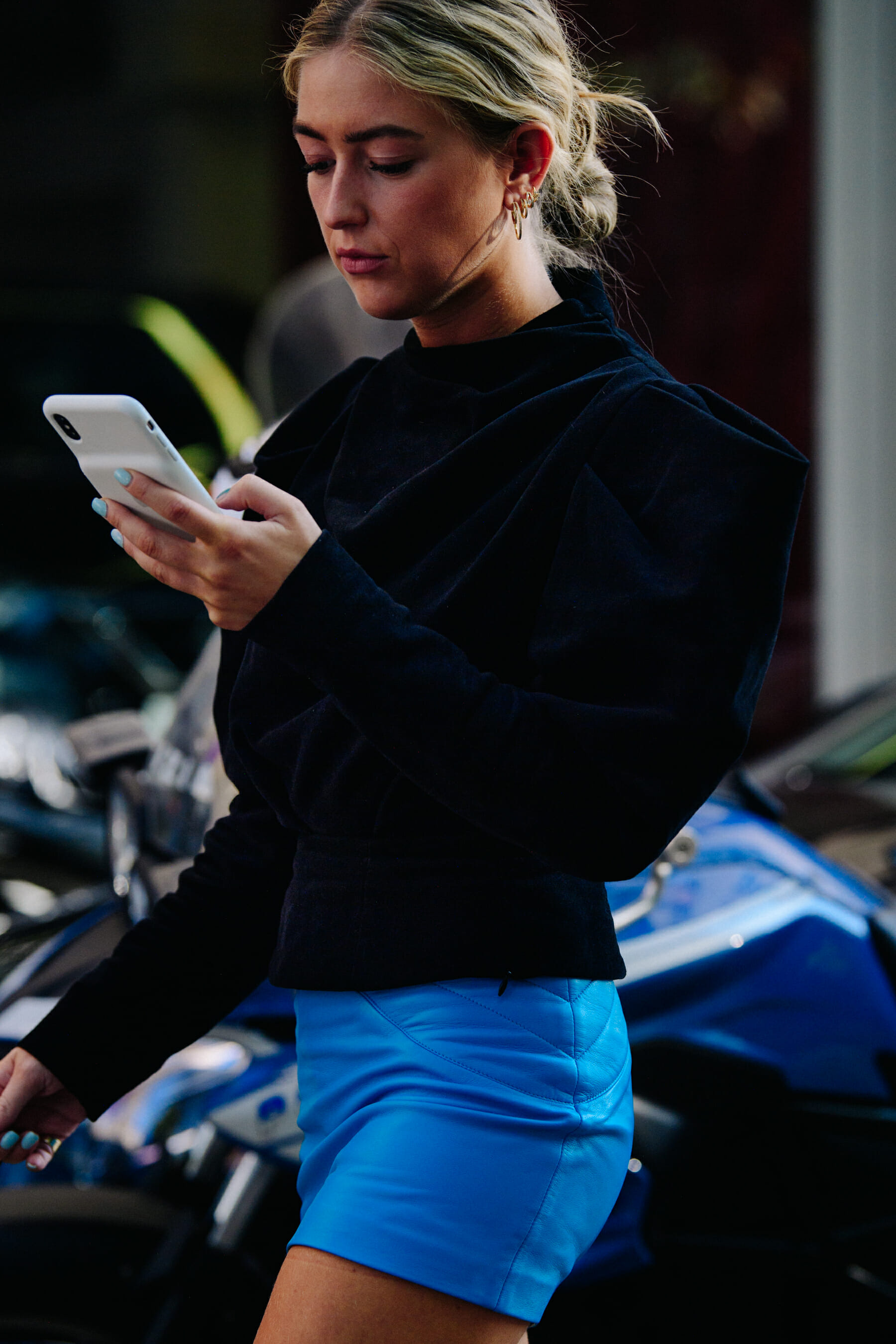 Woman wearing blue skirt