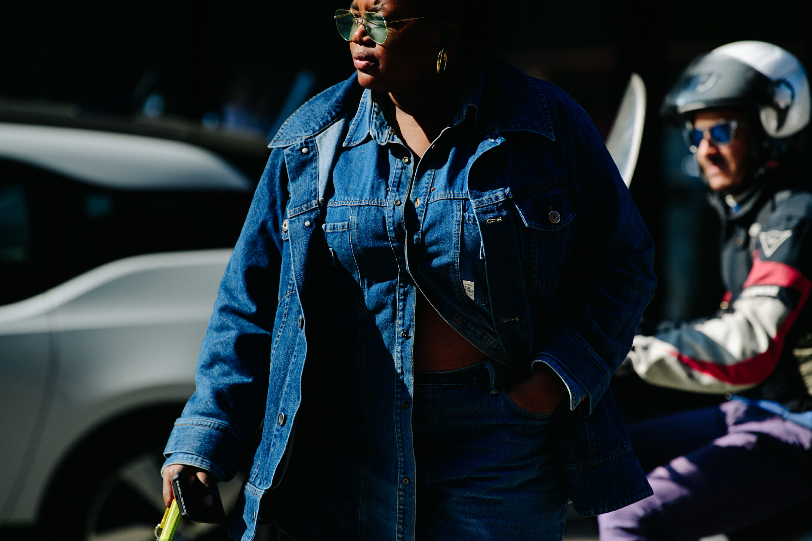 Woman wearing denim outfit