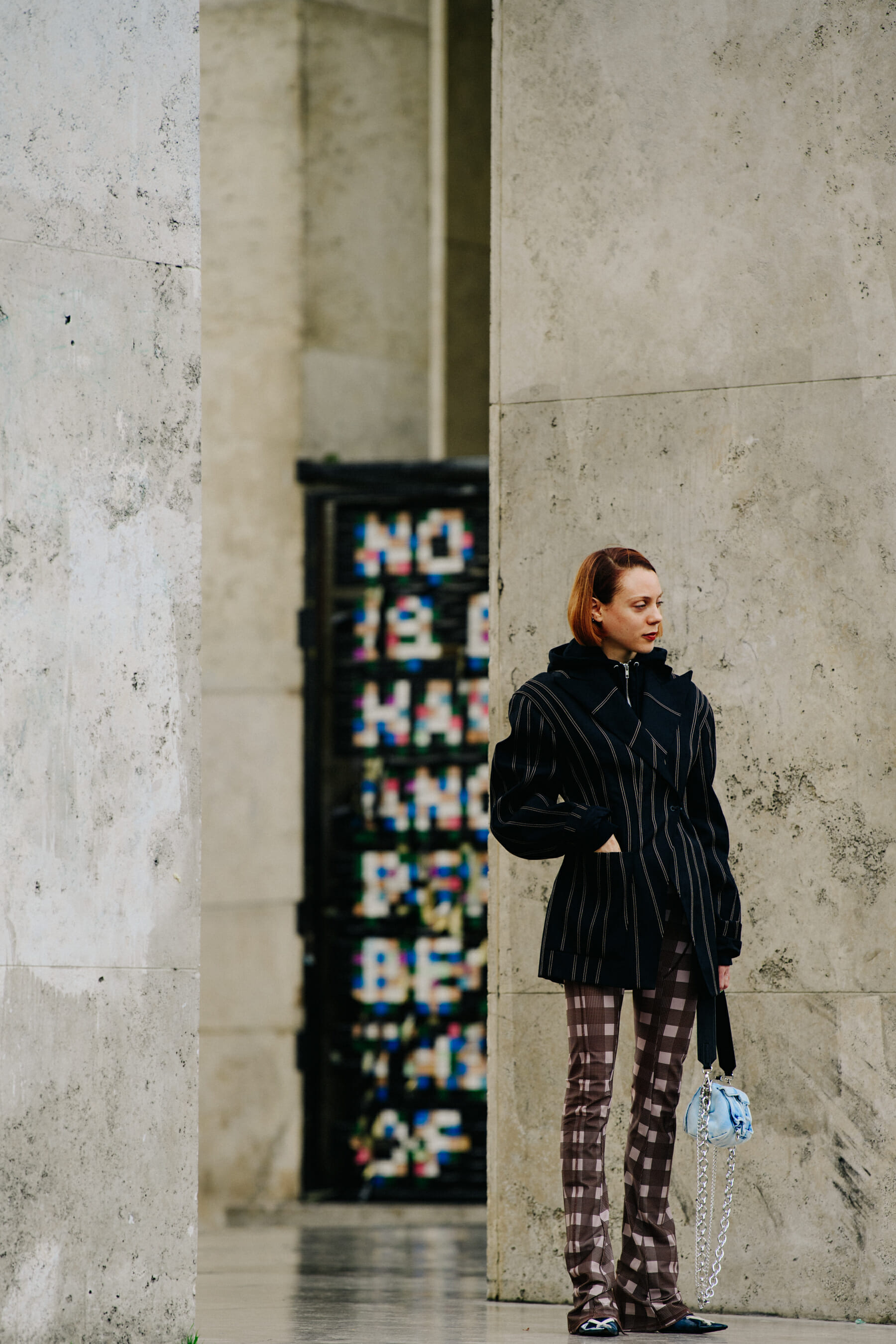 Woman wearing check pants