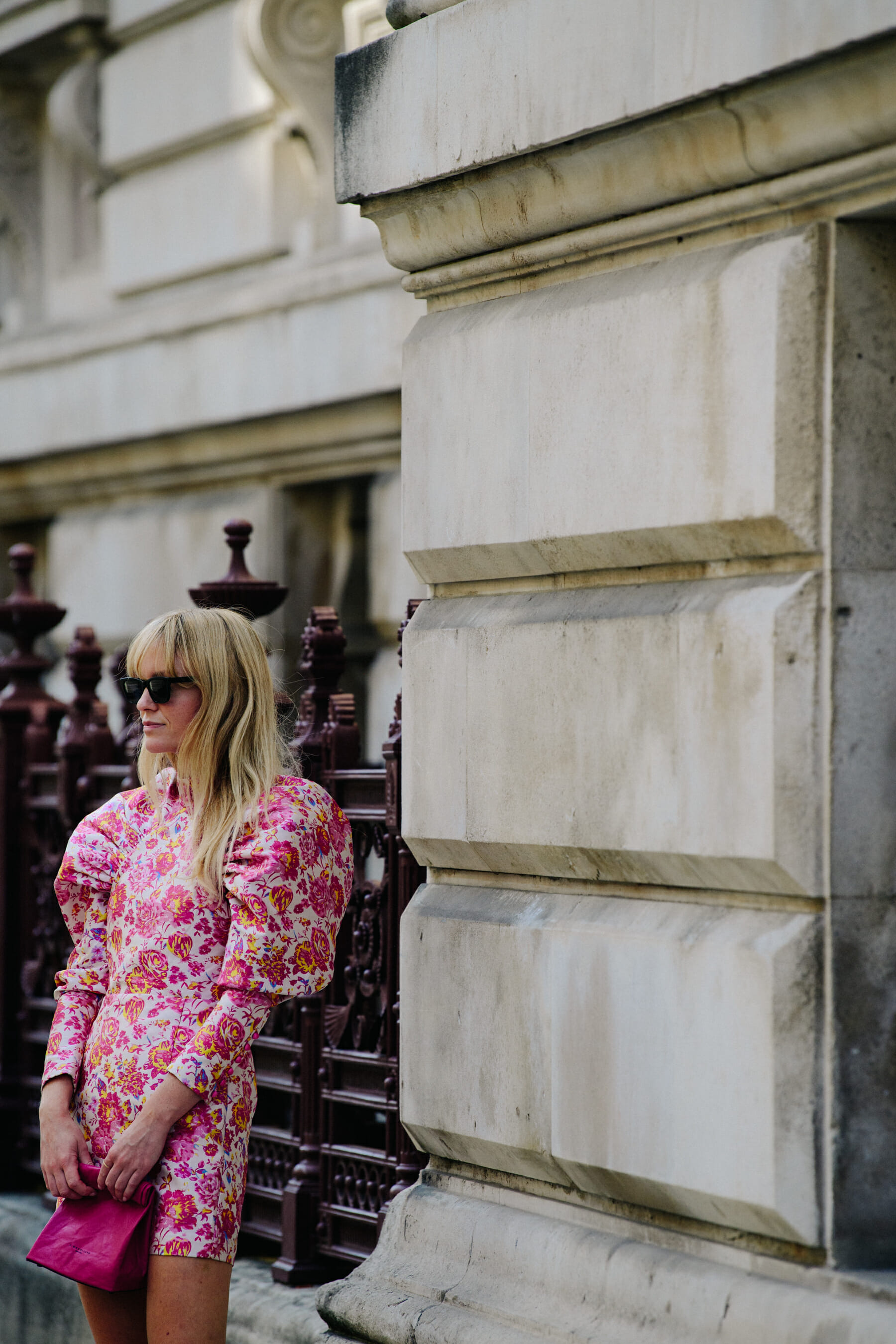 Woman wearing pink floral dress