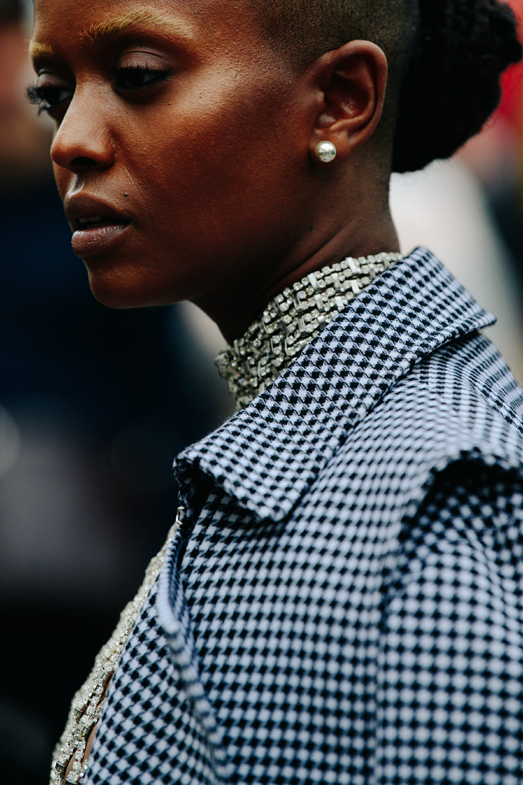 Woman wearing silver necklace