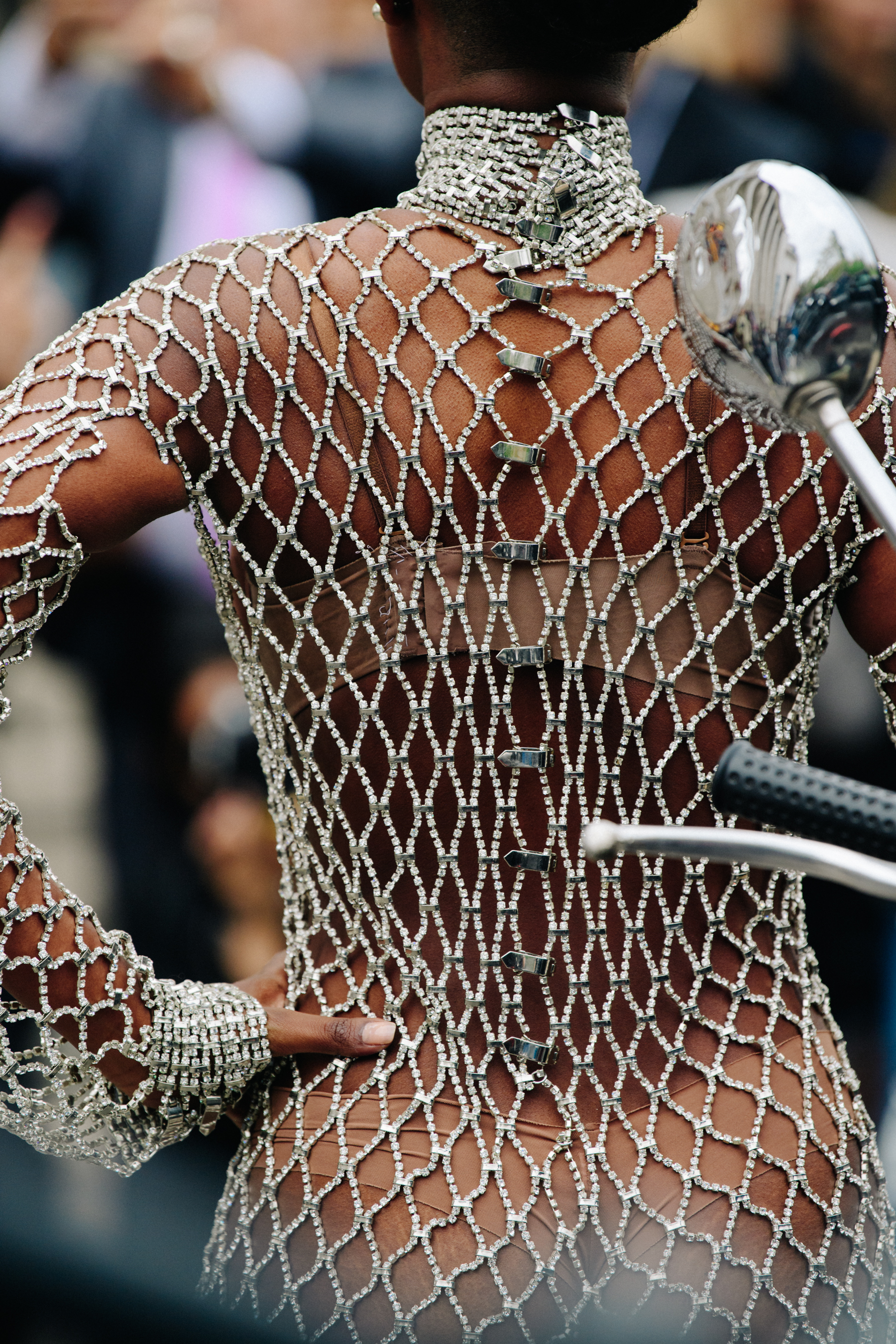 Woman wearing silver bodynet