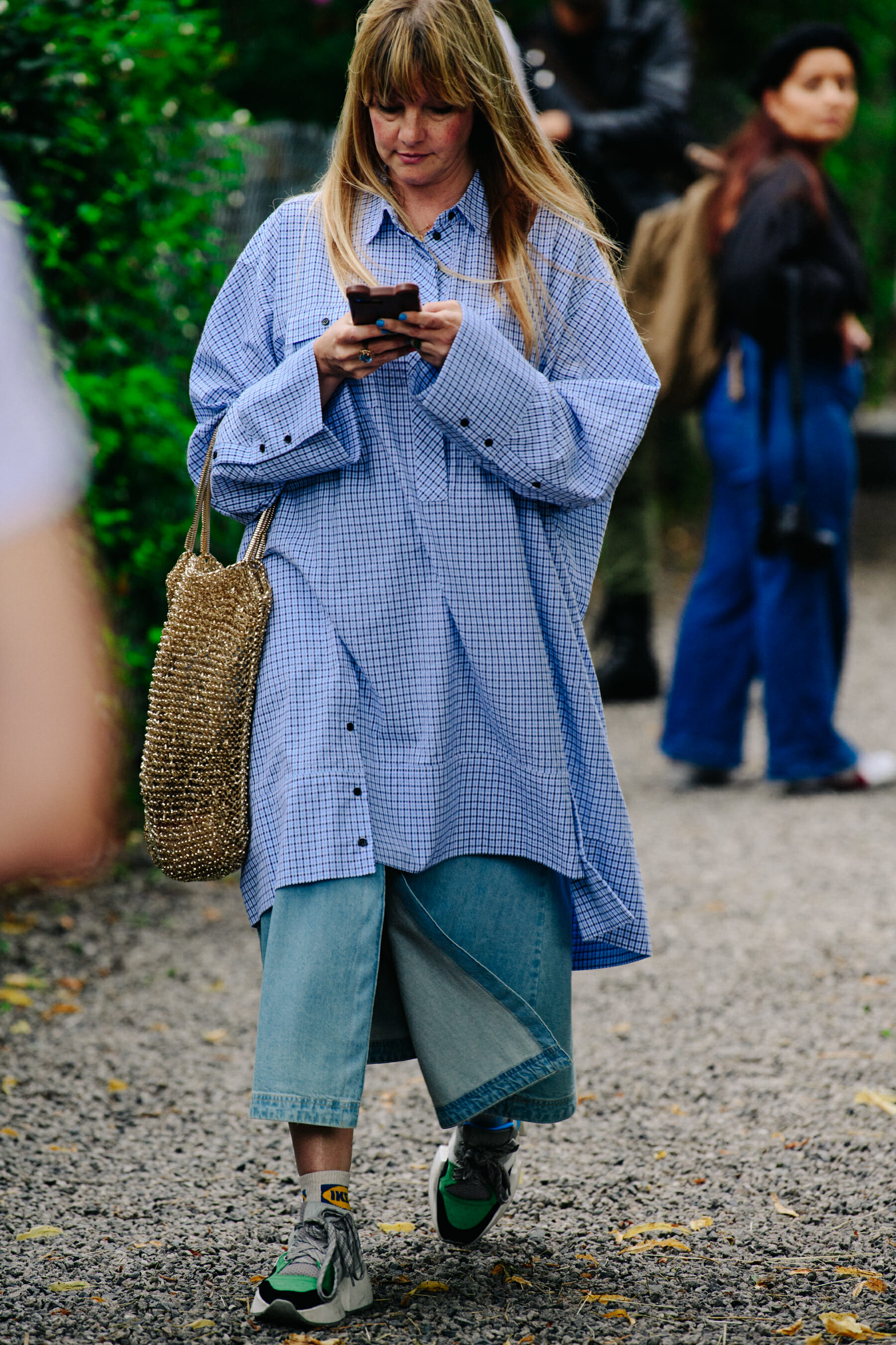 Woman wearing denim skirt