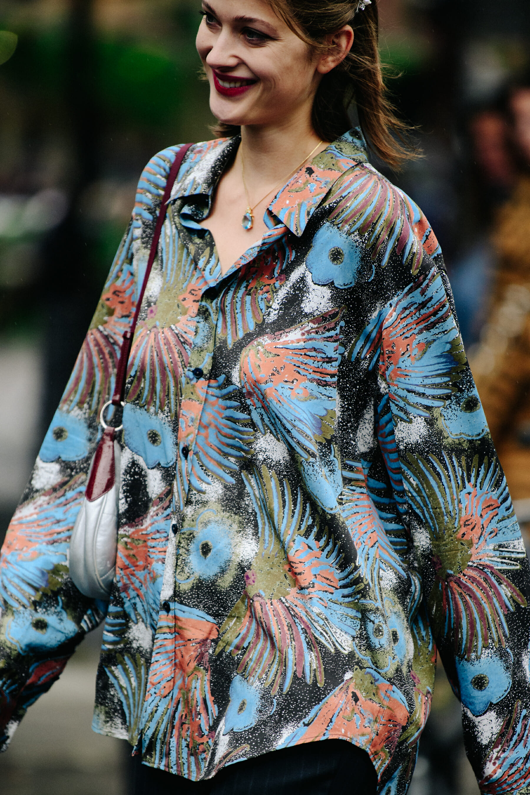Model wearing pattern shirt