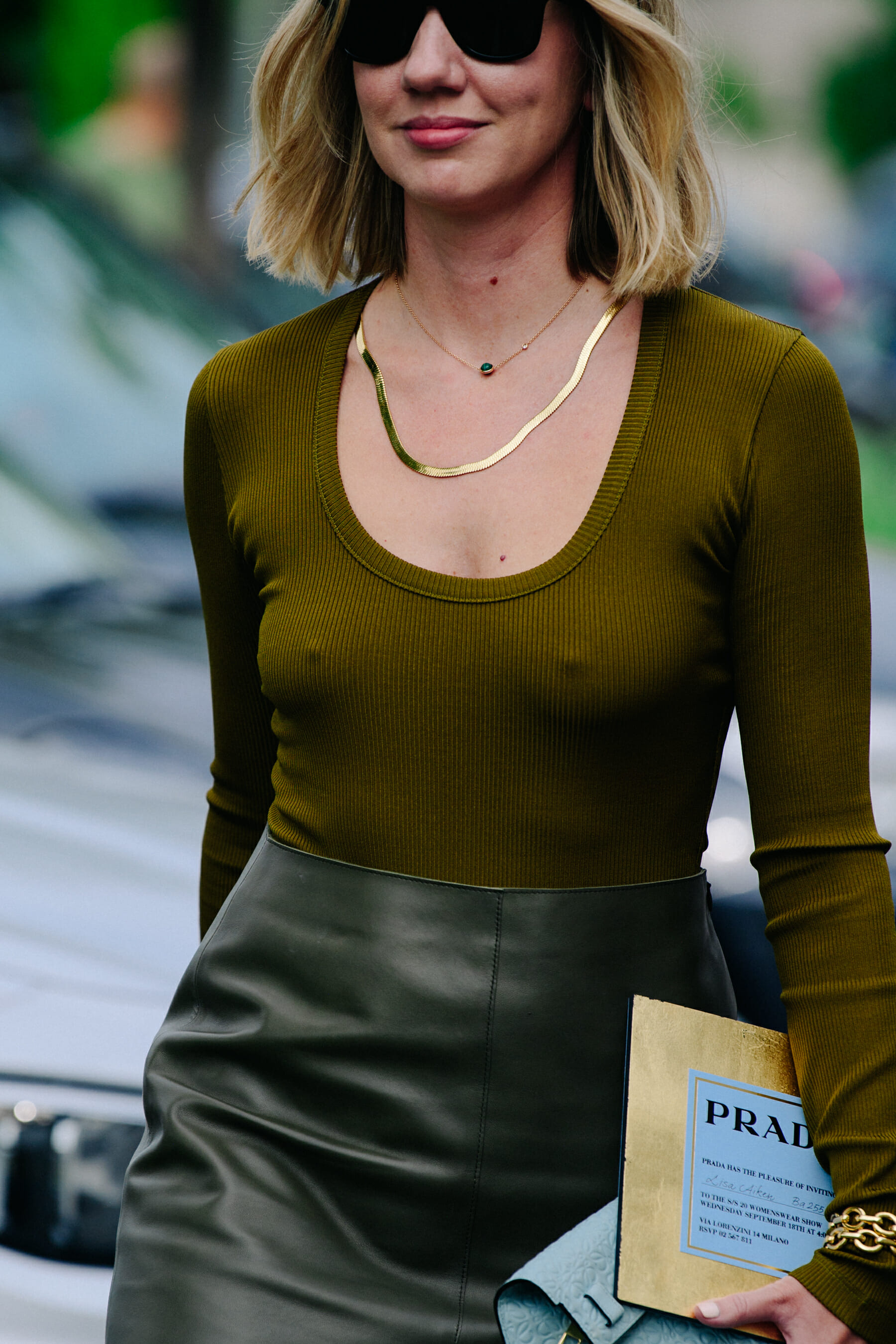 Woman wearing leather skirt