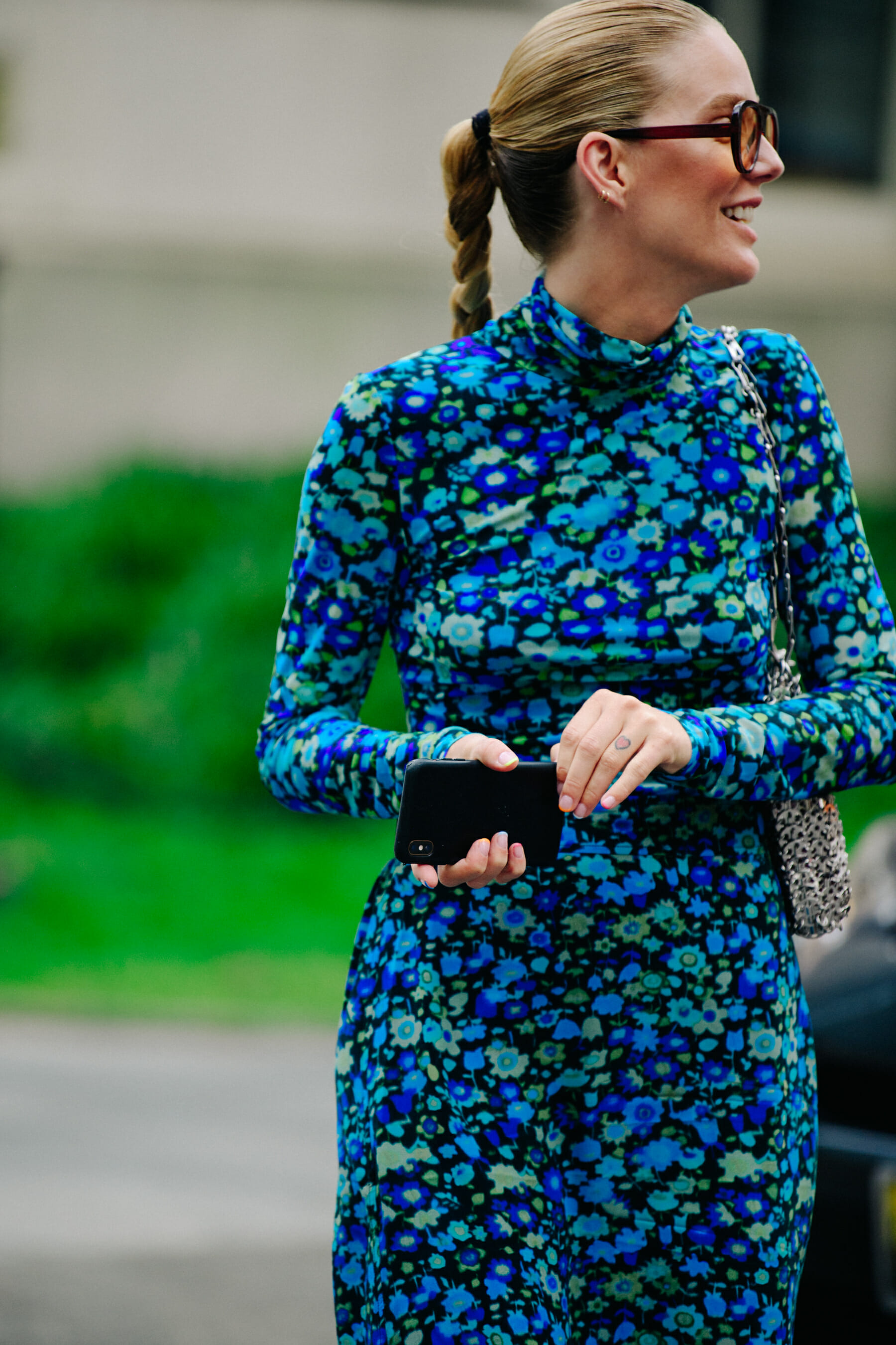 Woman wearing blue dress