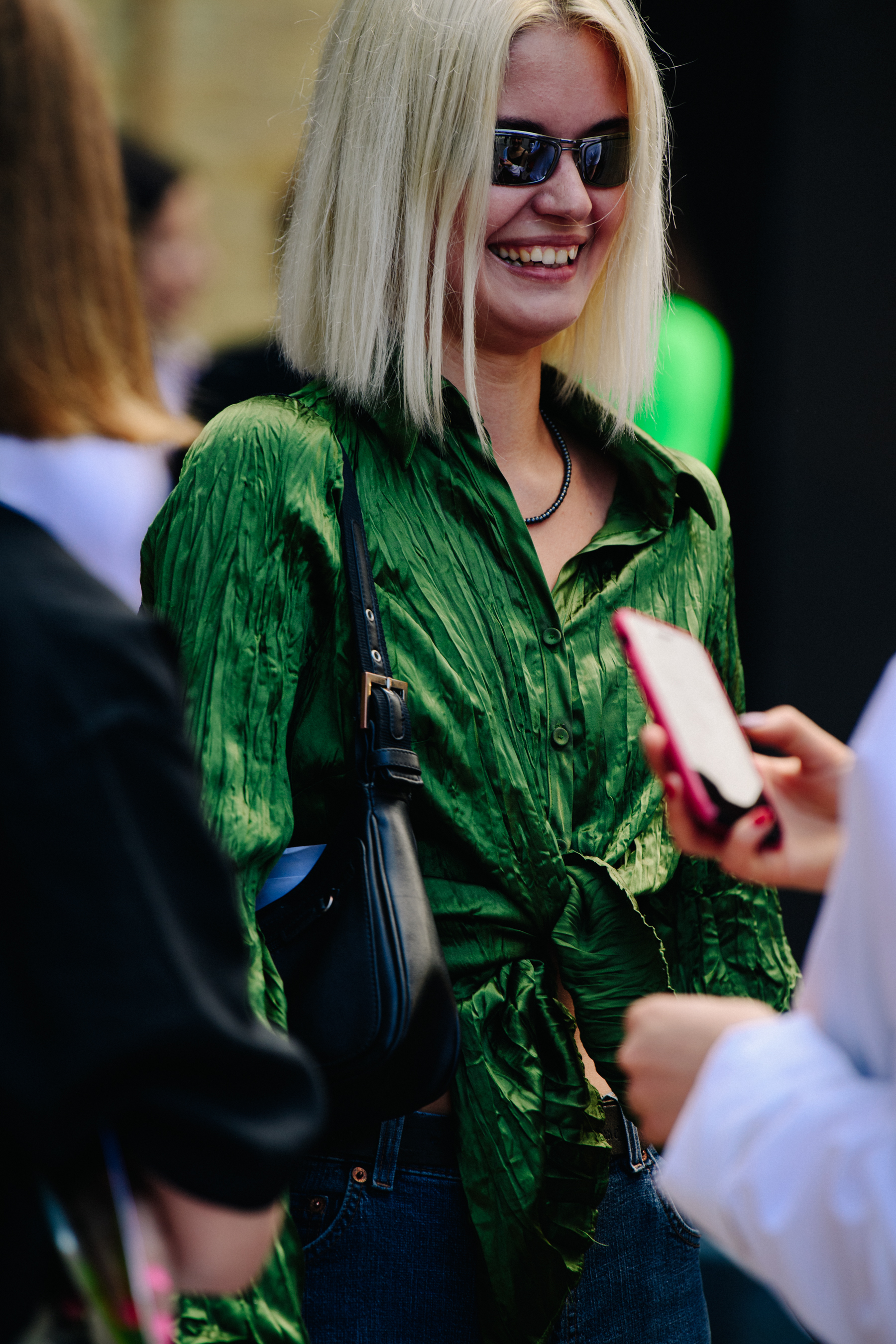 Woman wearing green shirt