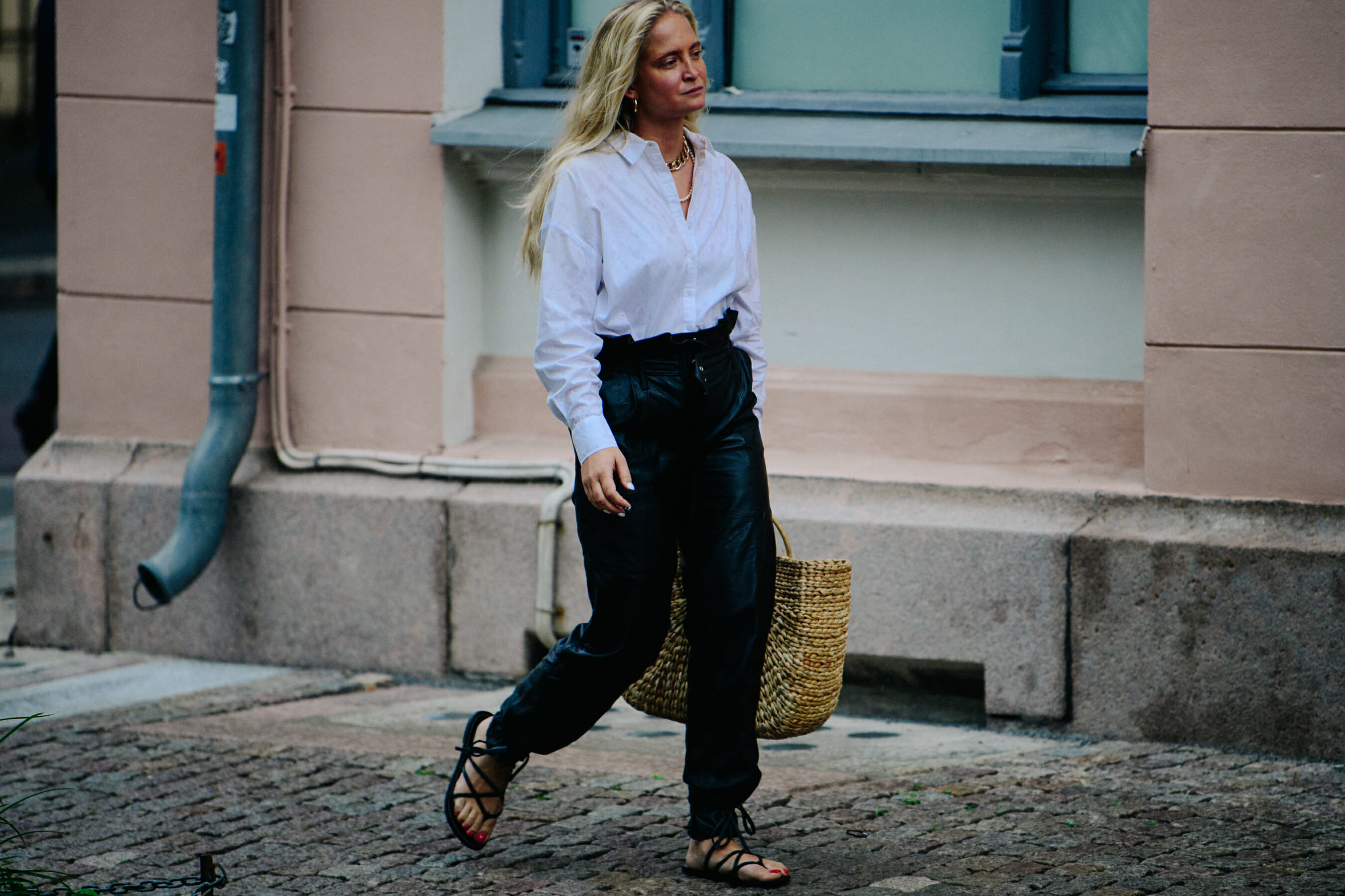Woman wearing leather pants