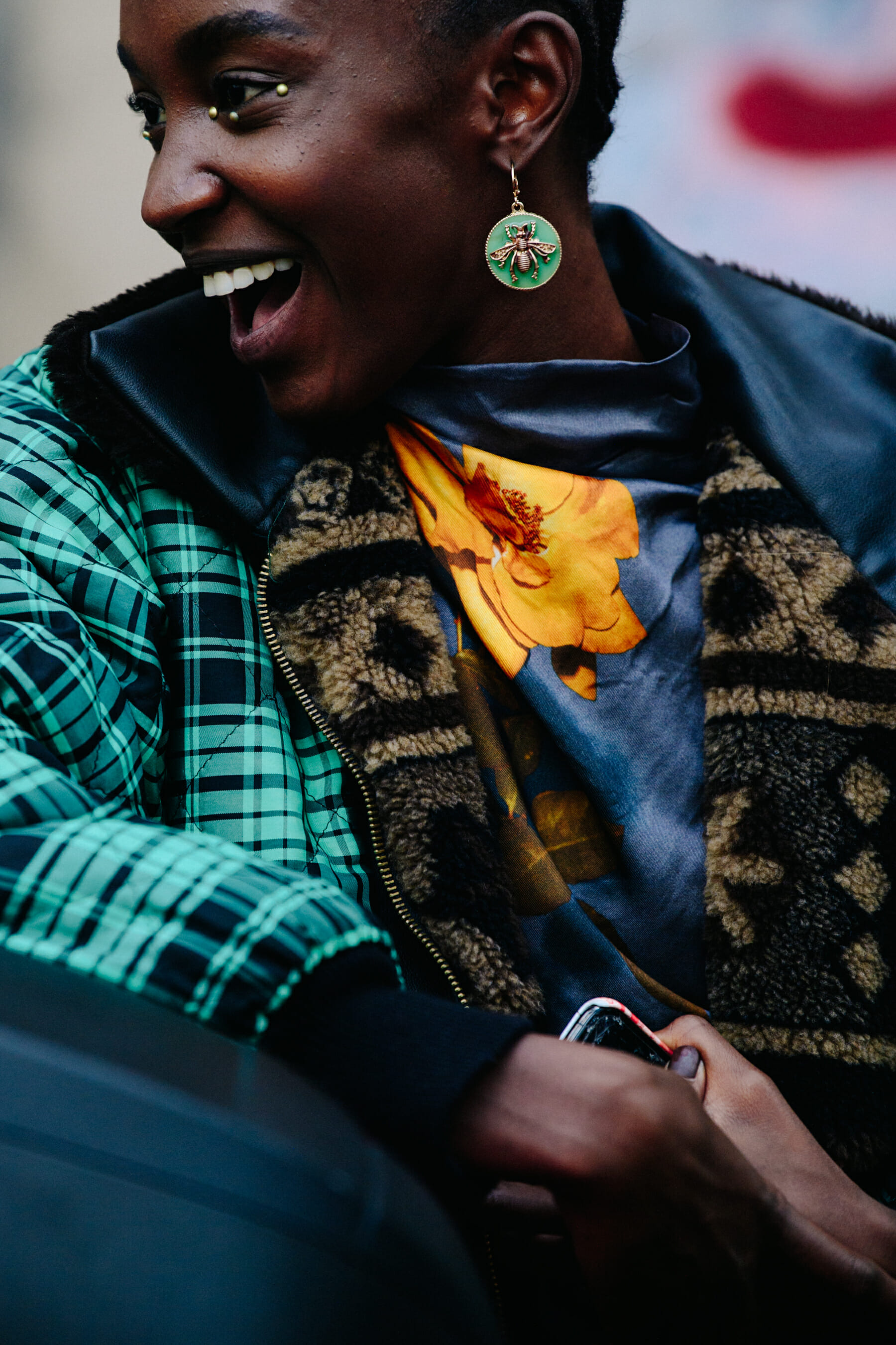 Model wearing green jacket