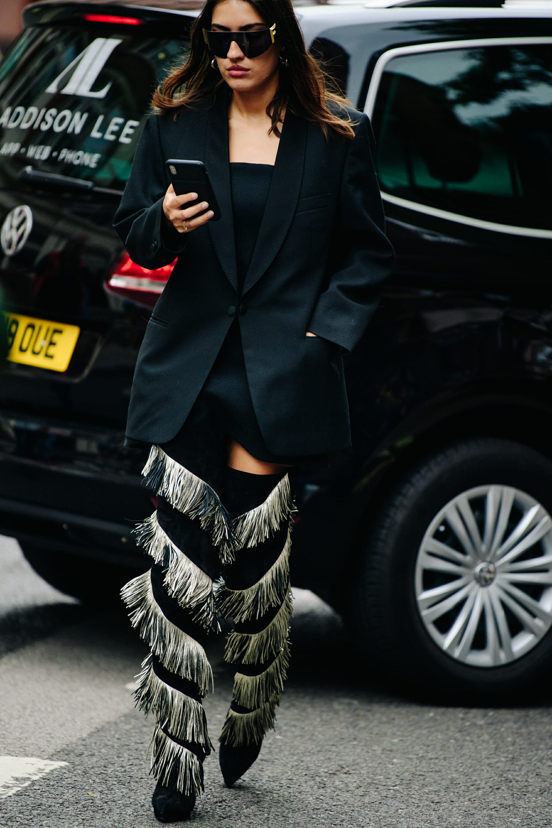 Woman wearing black suit