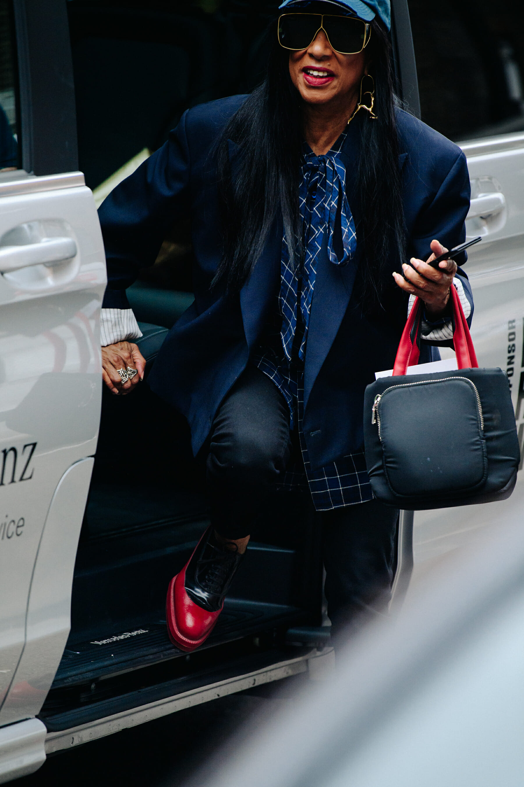 Woman wearing blue outfit