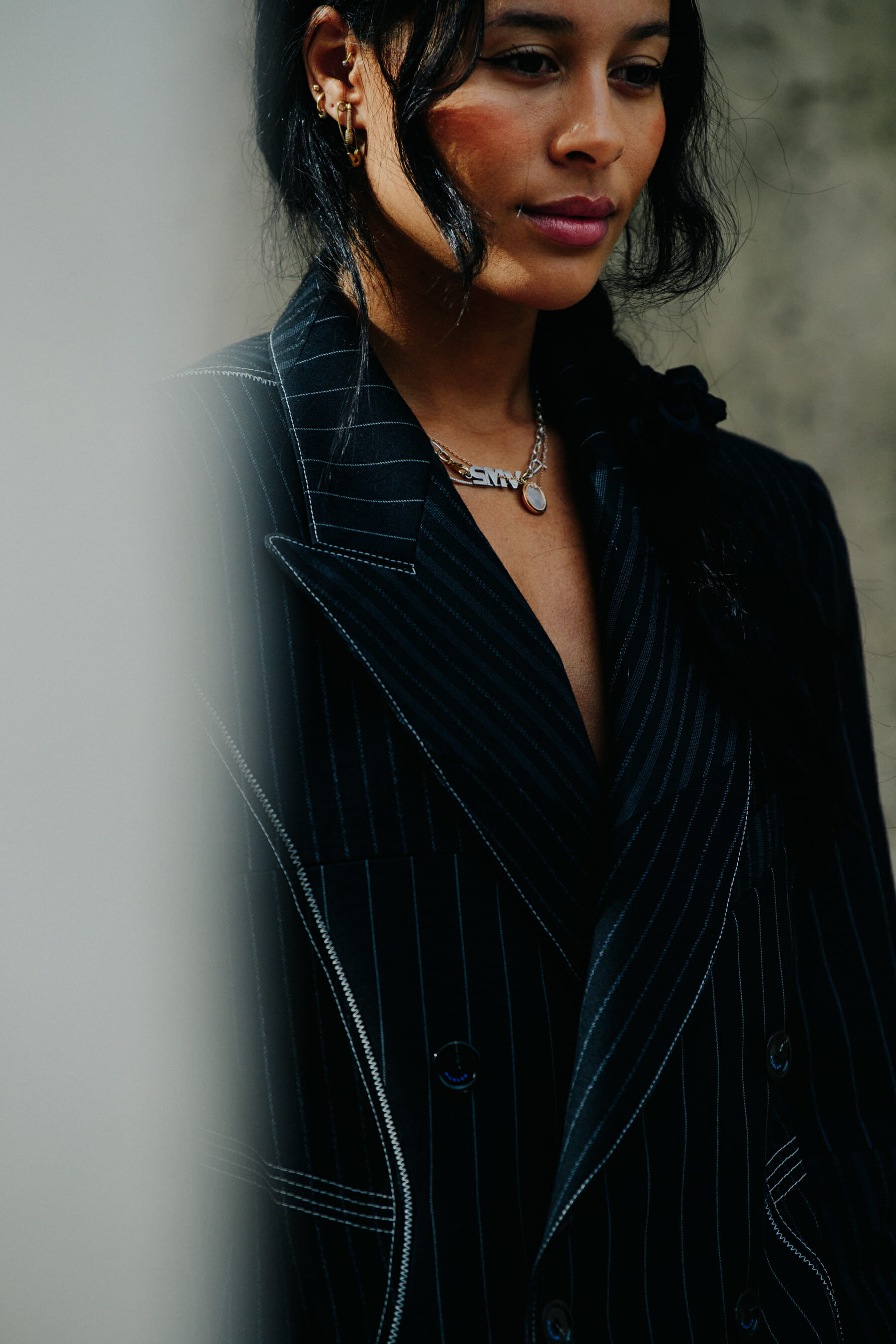 Woman wearing striped suit