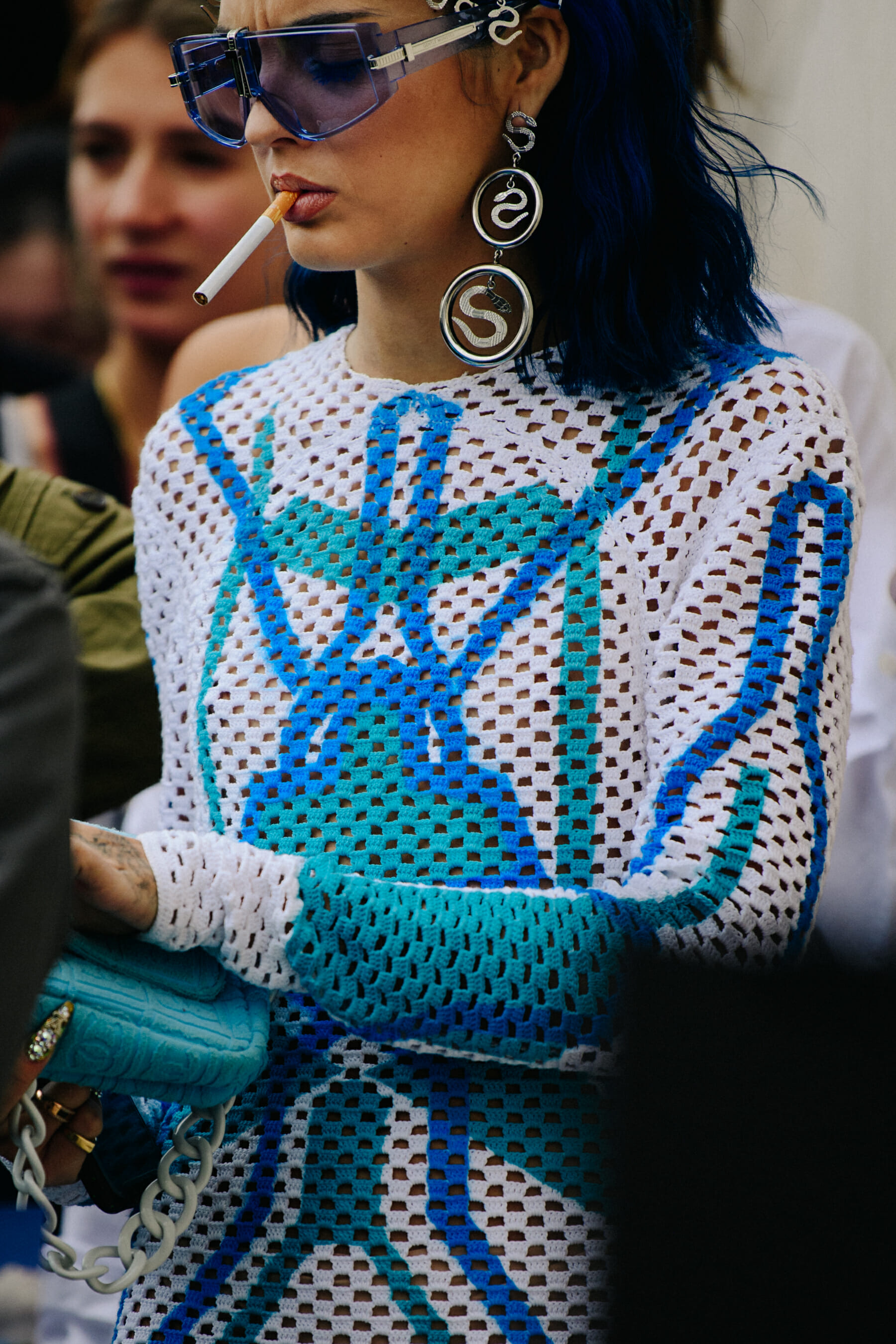 Woman wearing blue dress