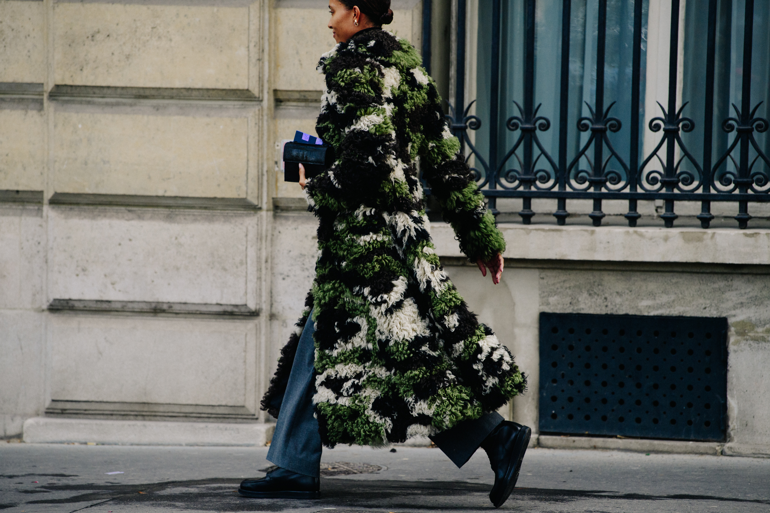 Woman wearing fluffy coat