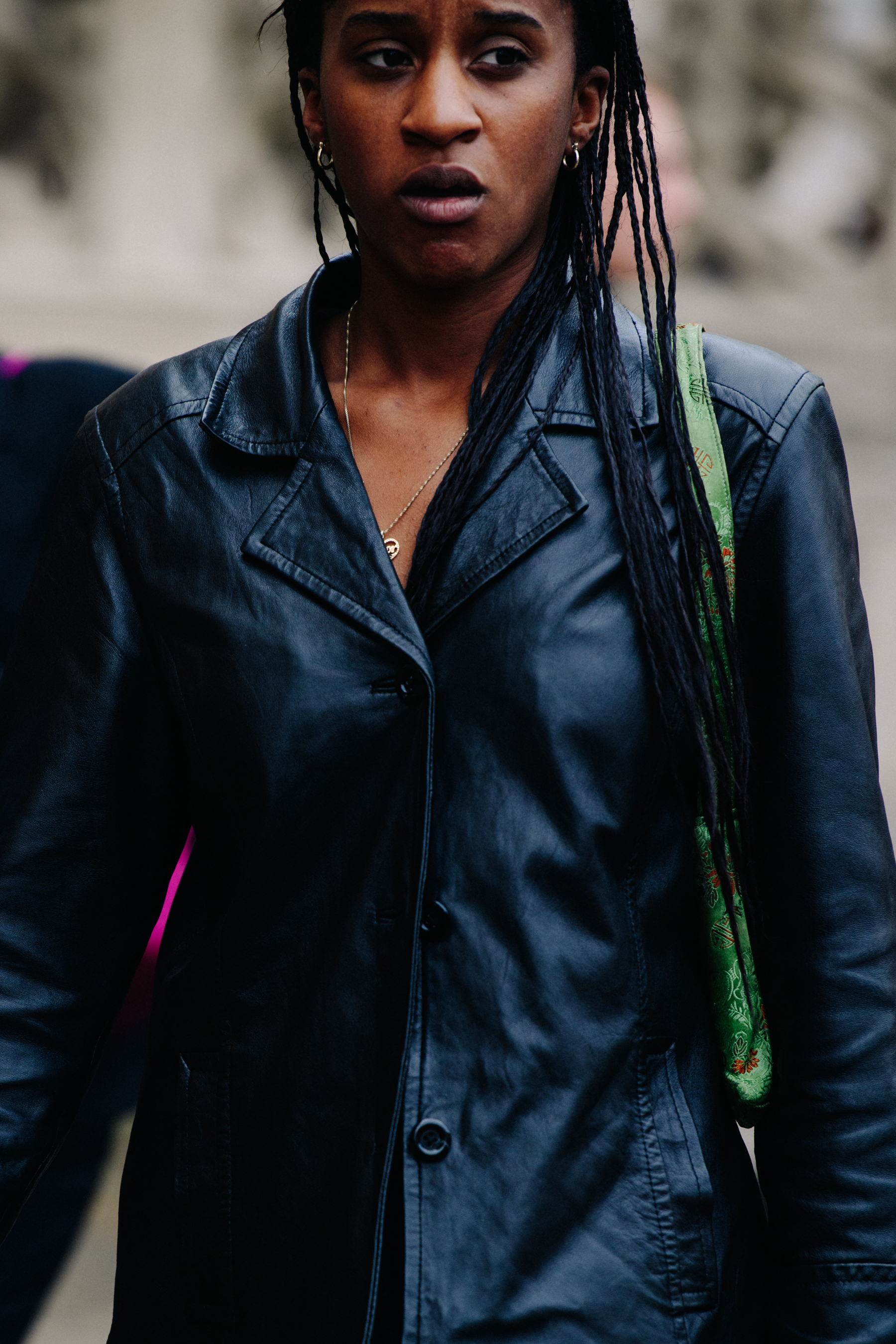 Woman wearing leather jacket