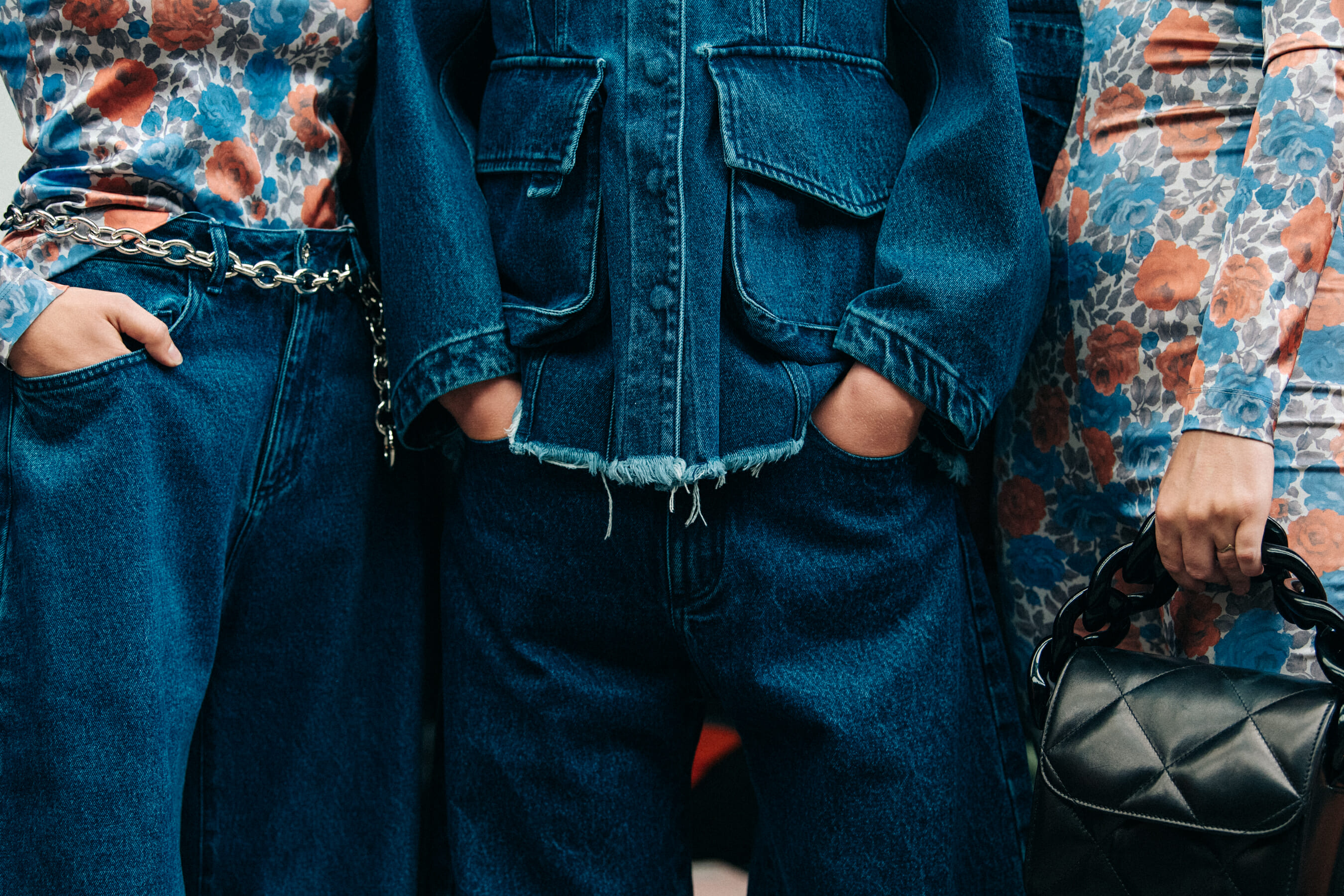 Model wearing denim backstage at Marques Almeida