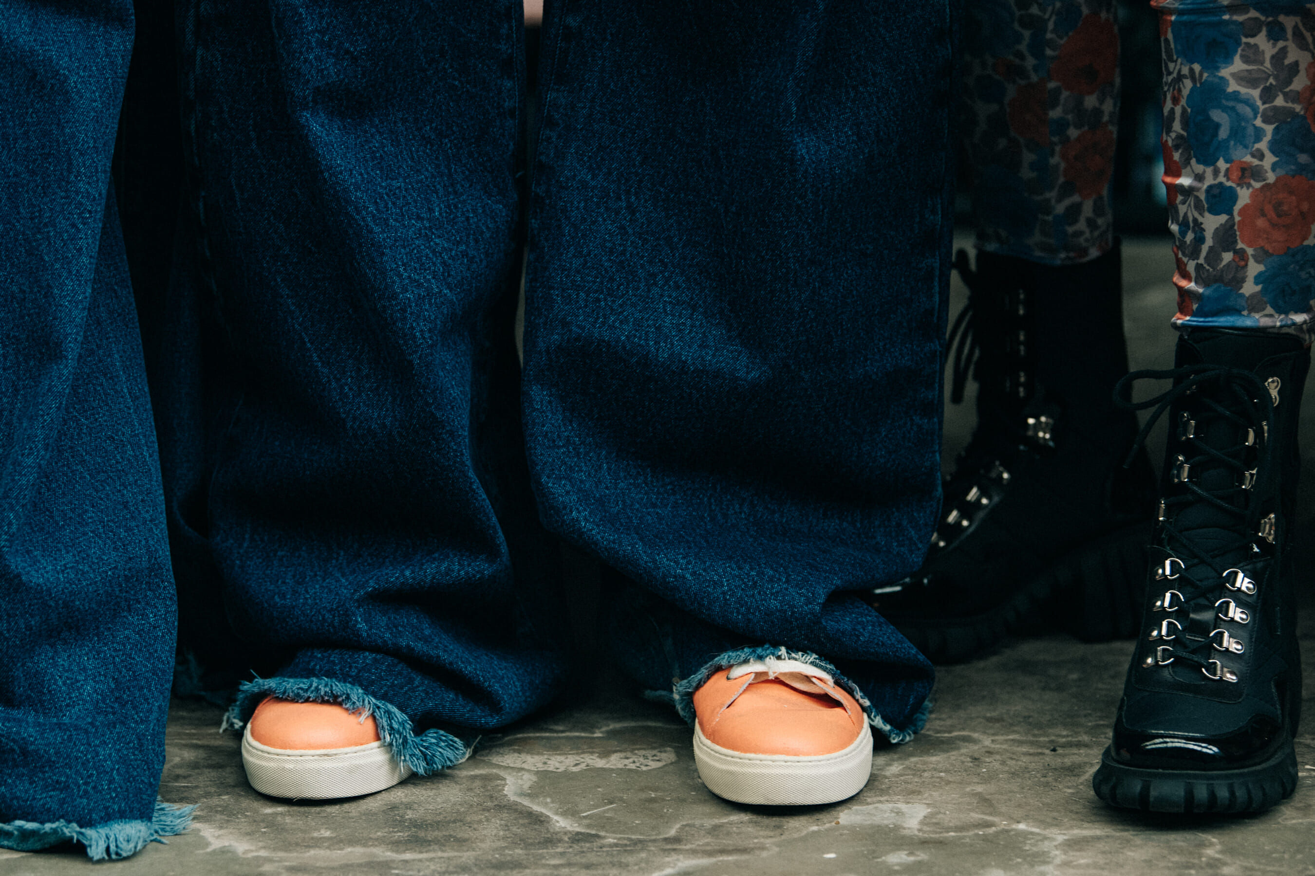 Model wearing denim backstage at Marques Almeida