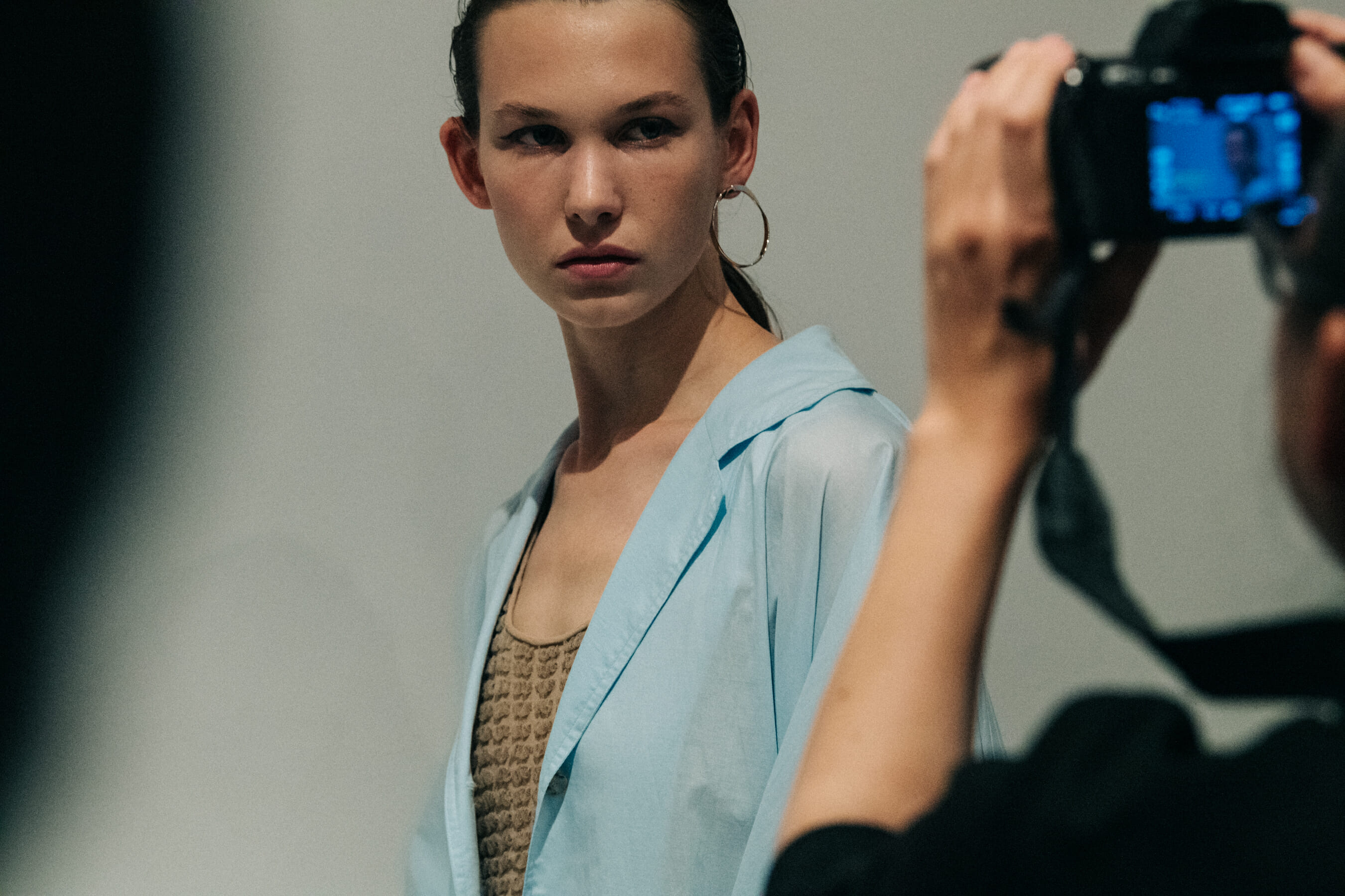 Model wearing blue outfit at Nehera