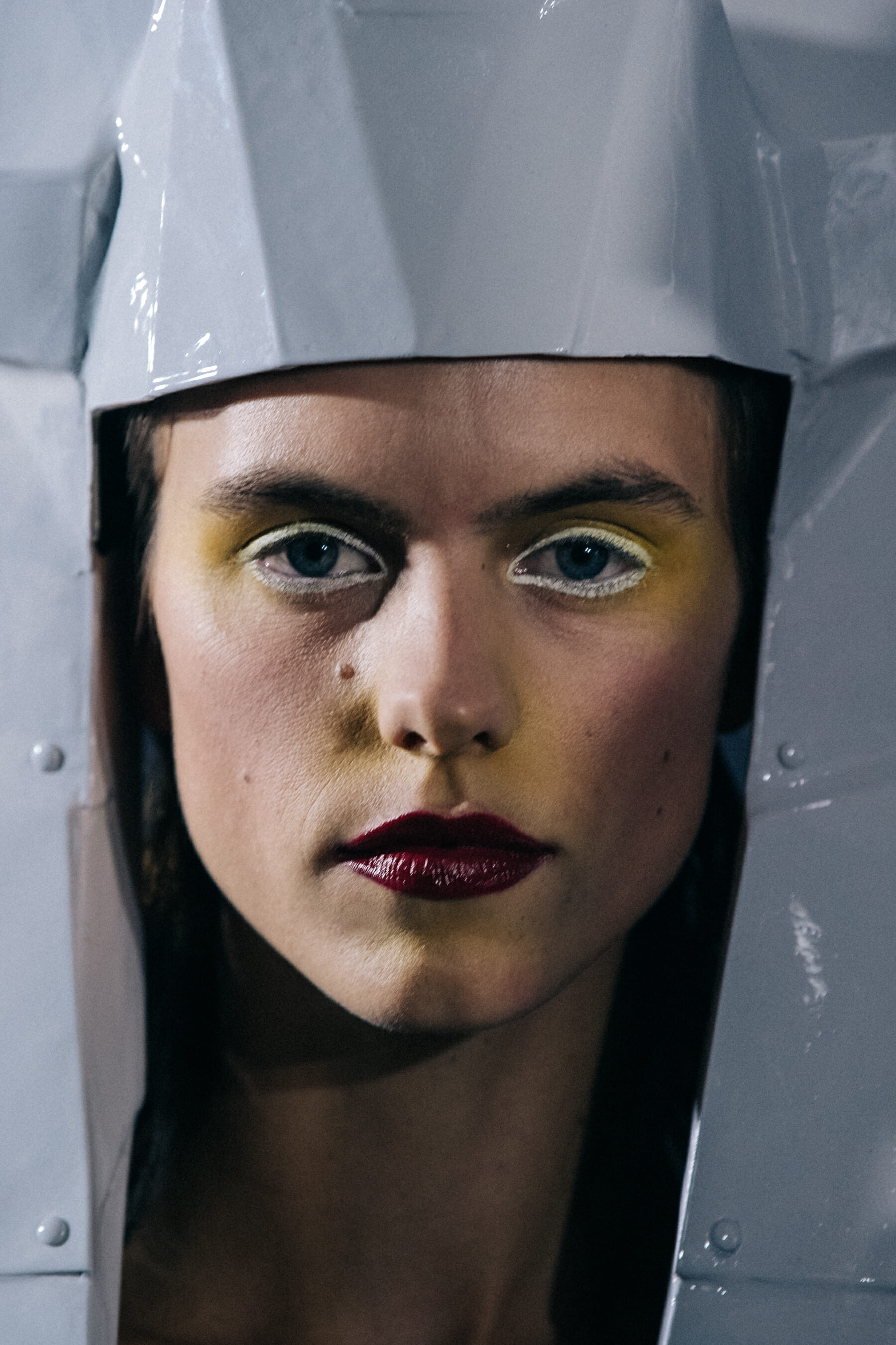Portrait of model wearing helmet
