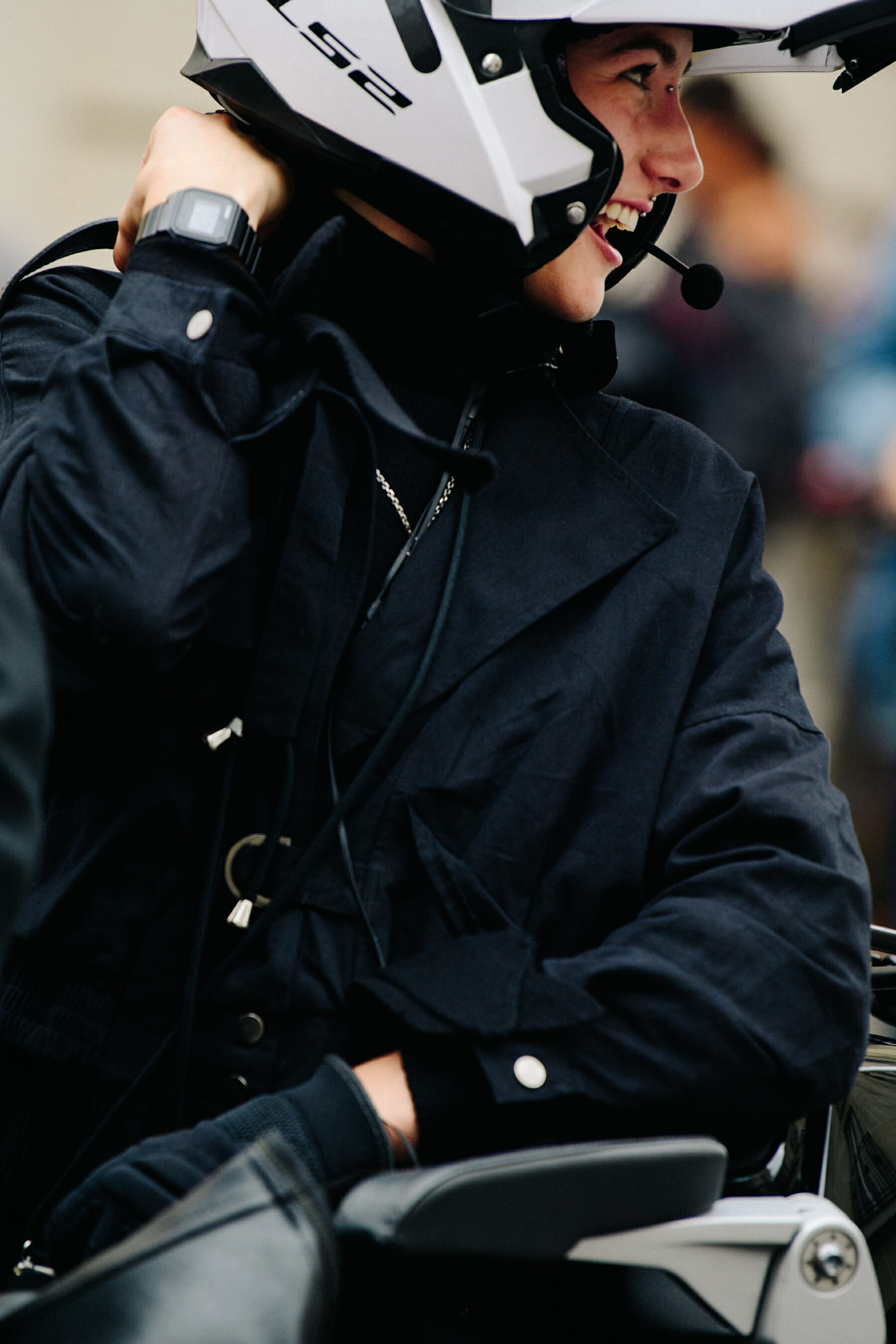 Model wearing helmet