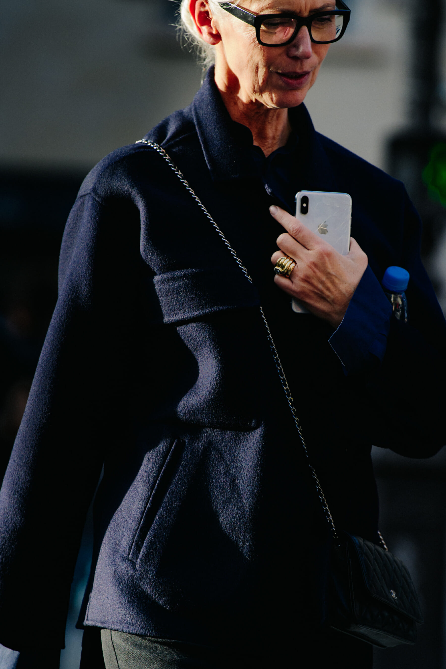 Woman wearing blue wool jacket