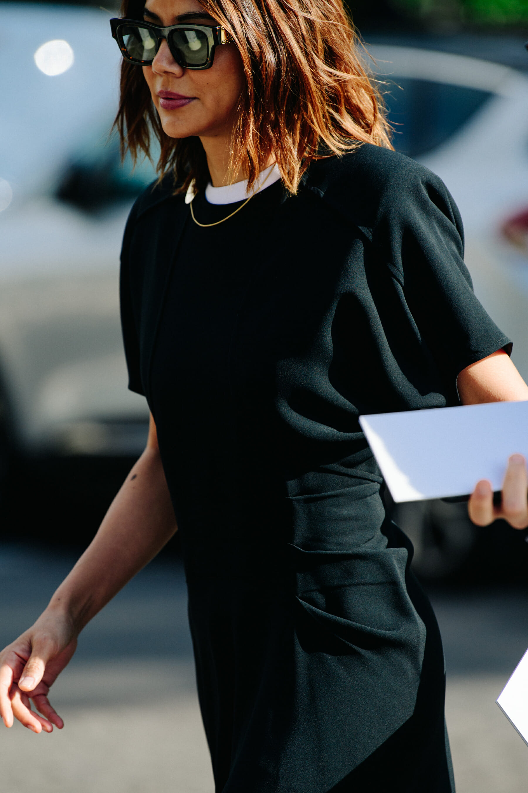 Woman wearing black dress