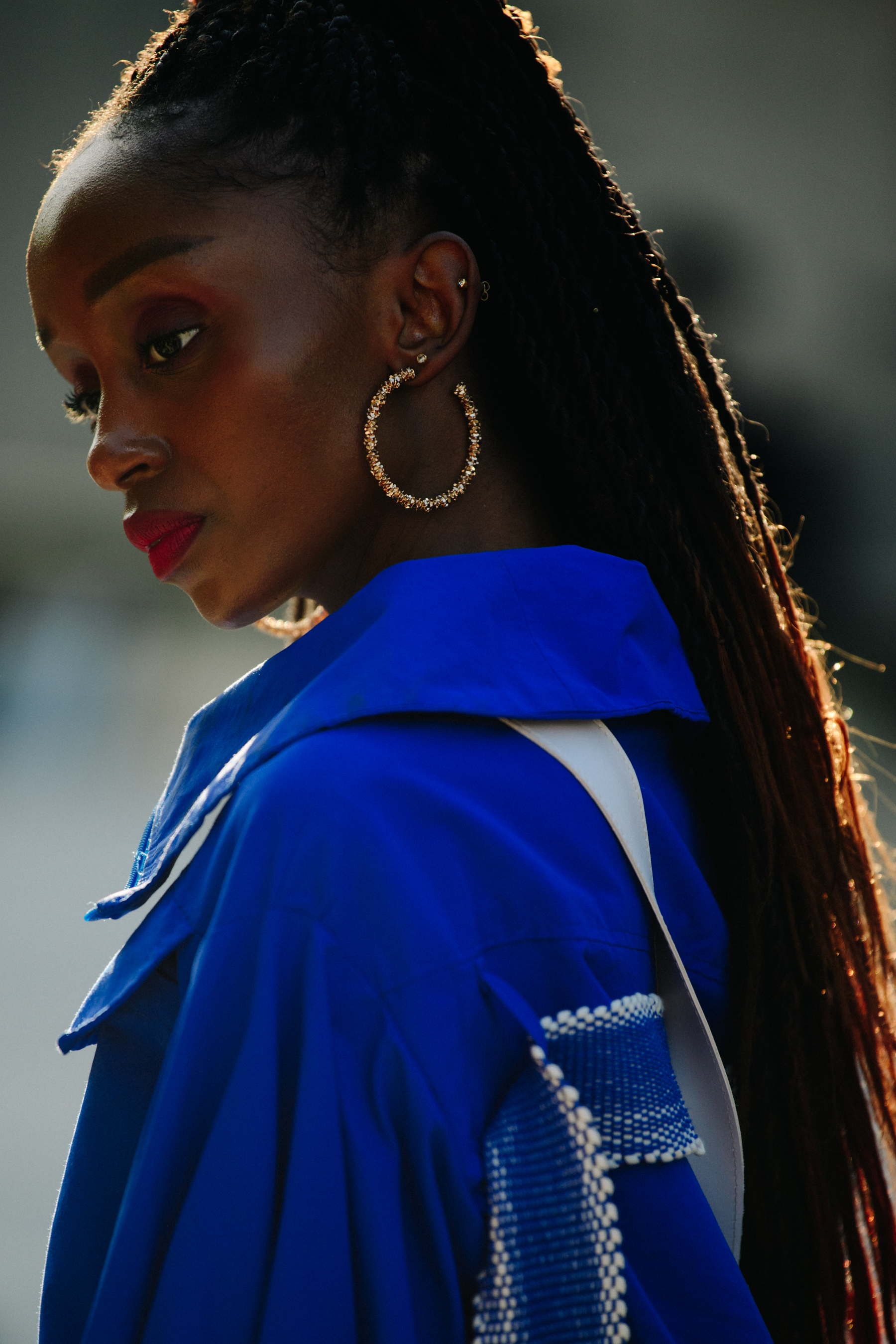 Woman wearing blue jacket