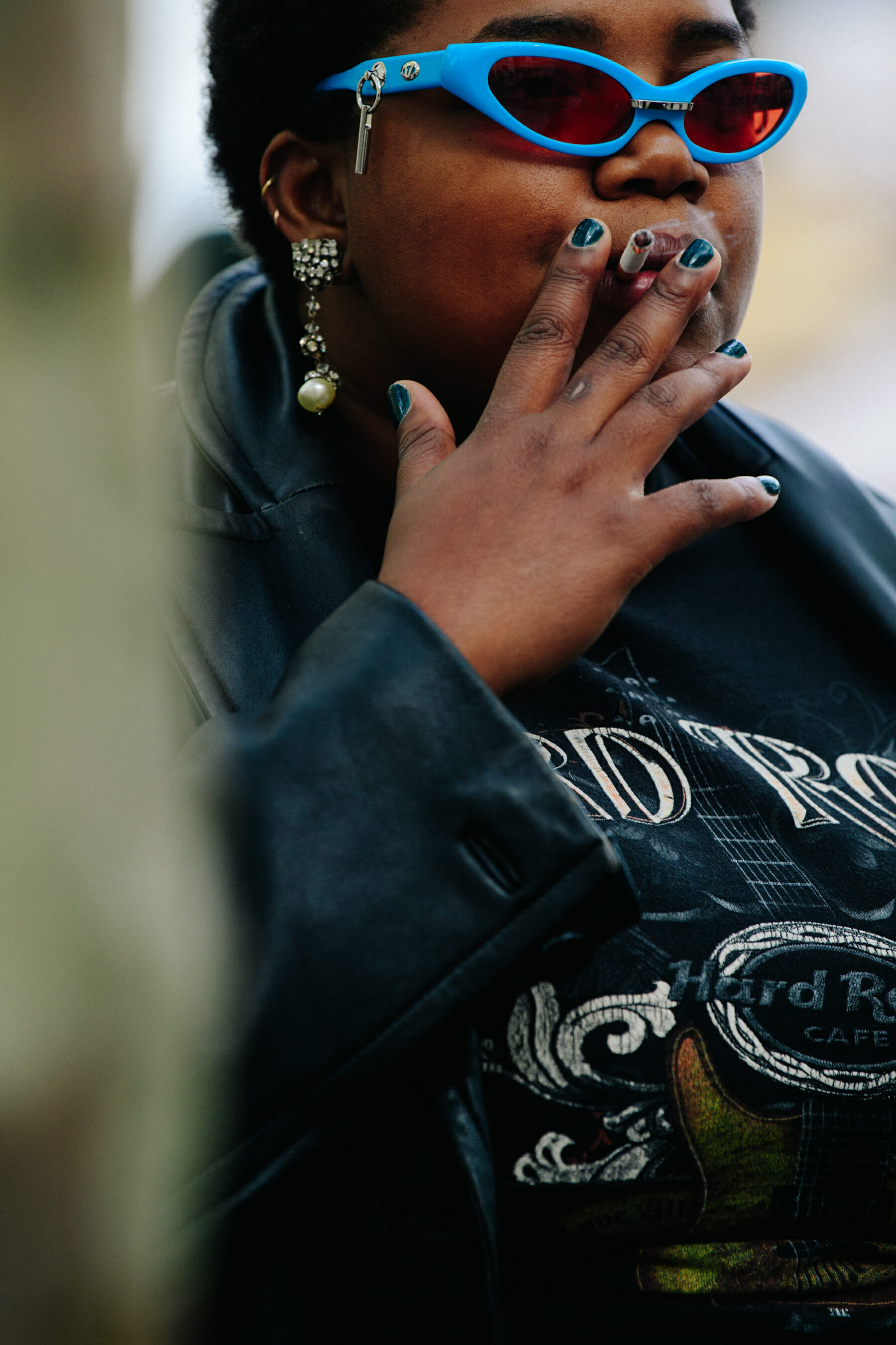 Woman wearing blue glasses