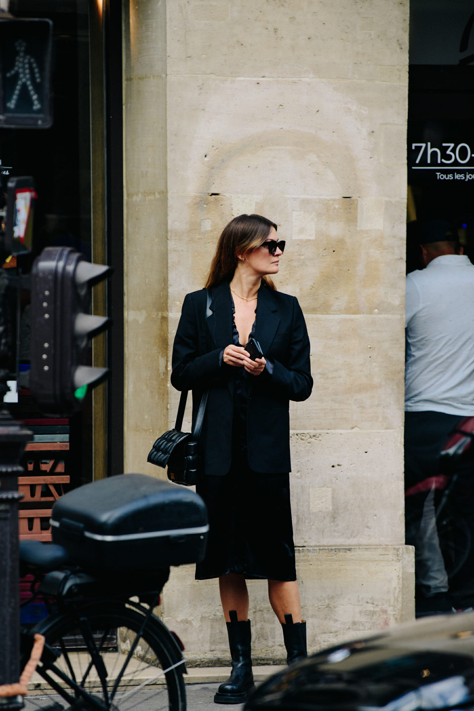 Woman wearing black suit