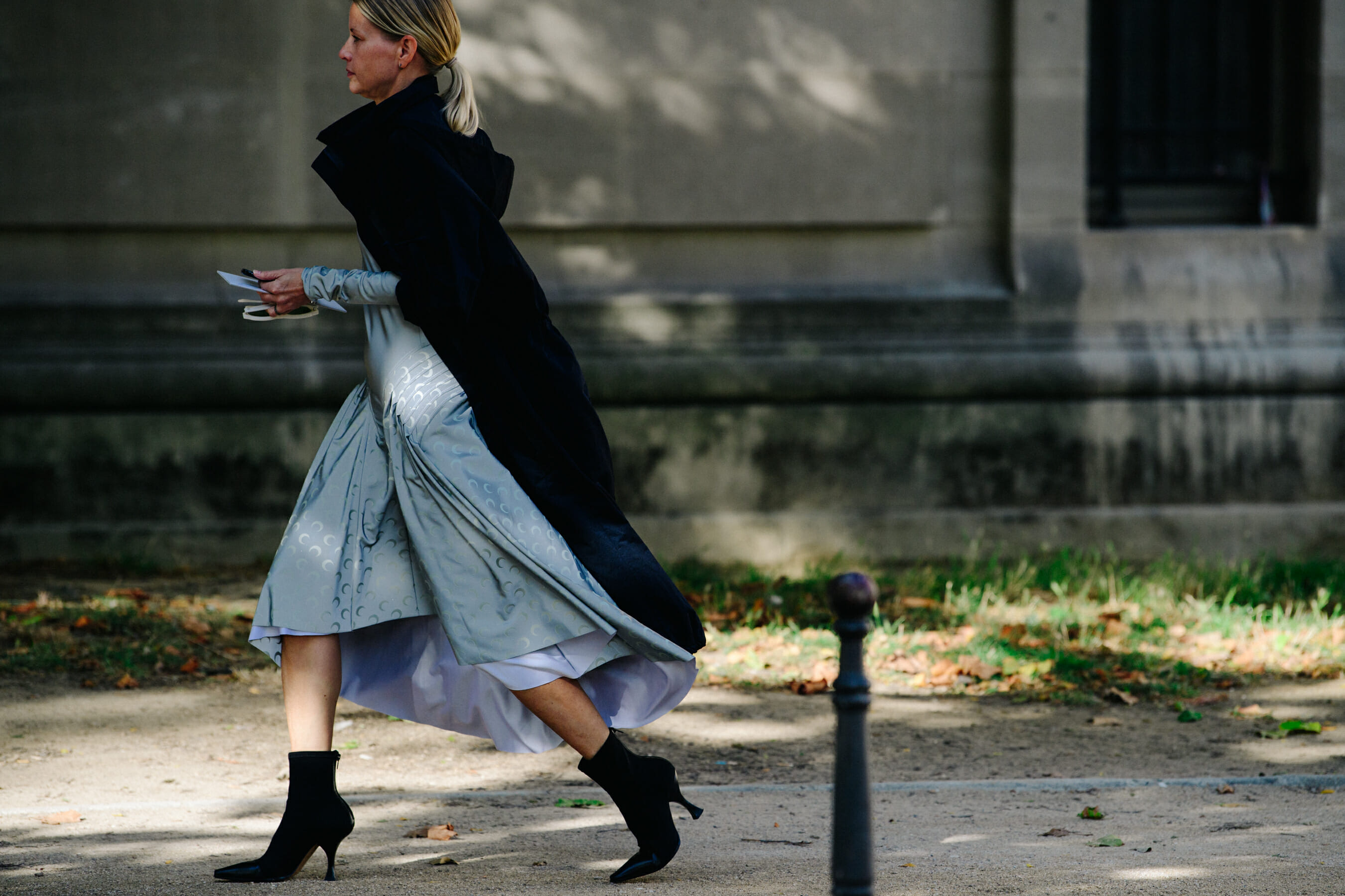 Woman wearing grey dress