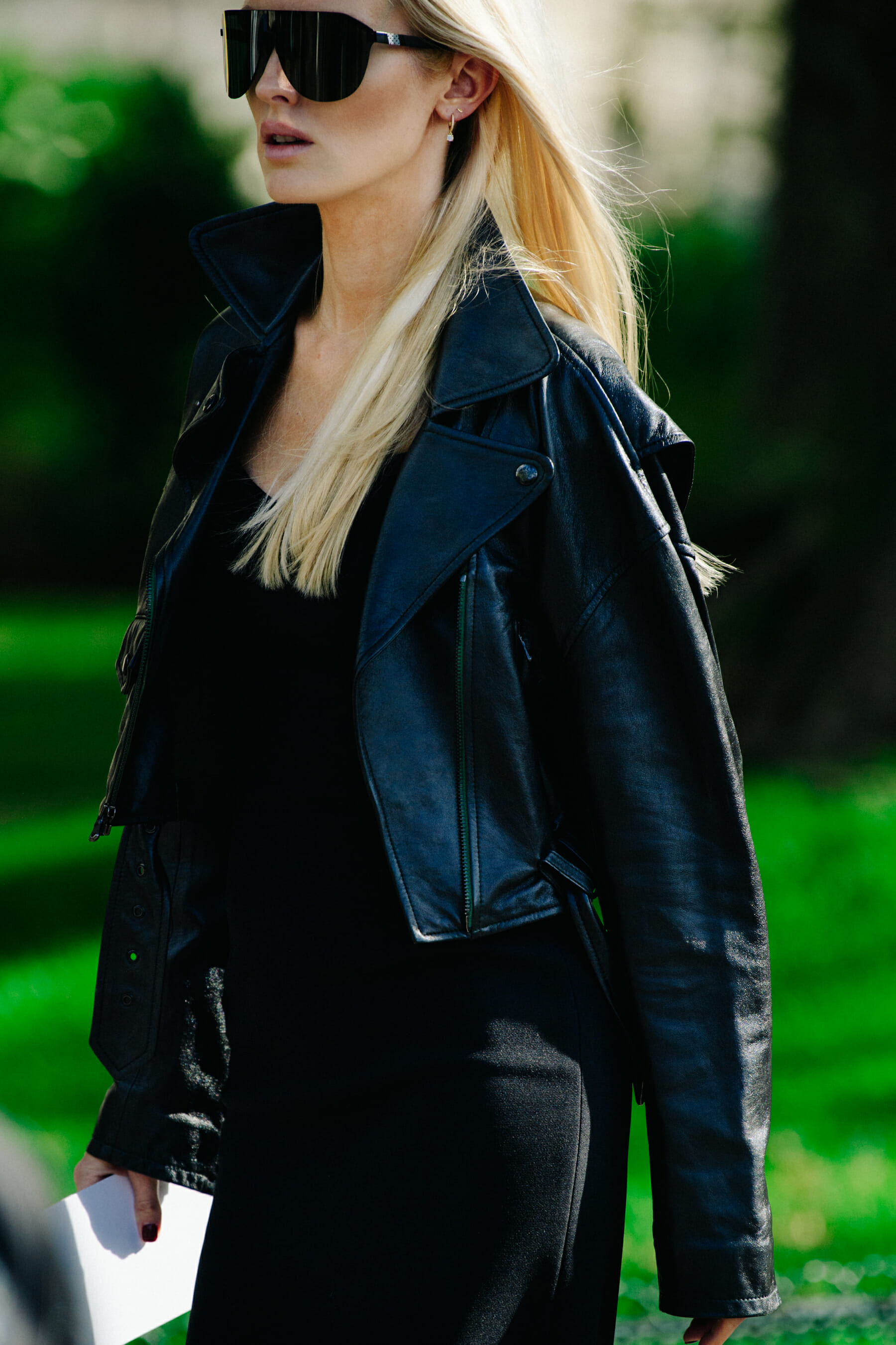 Woman wearing leather coat