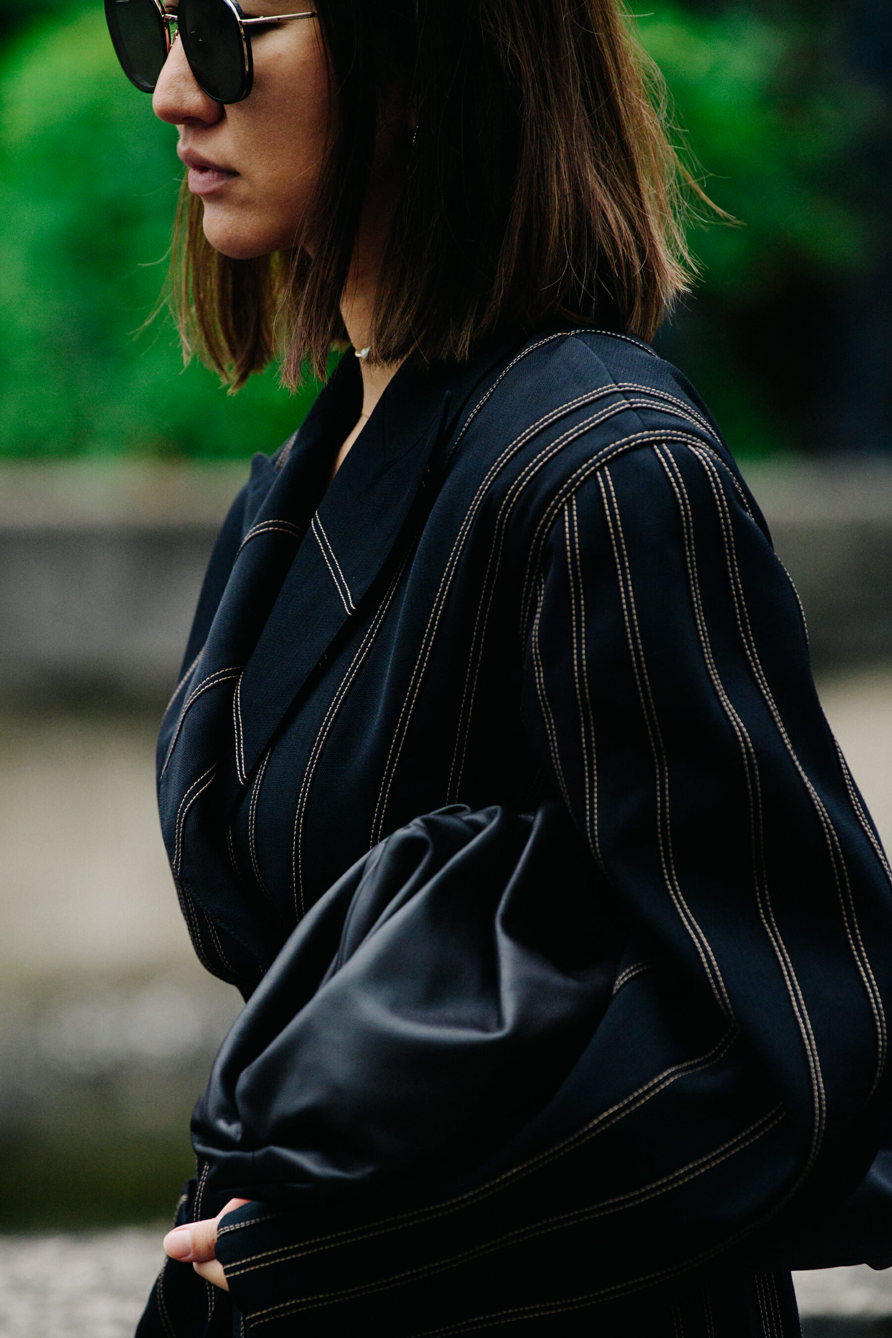 Woman wearing striped jacket