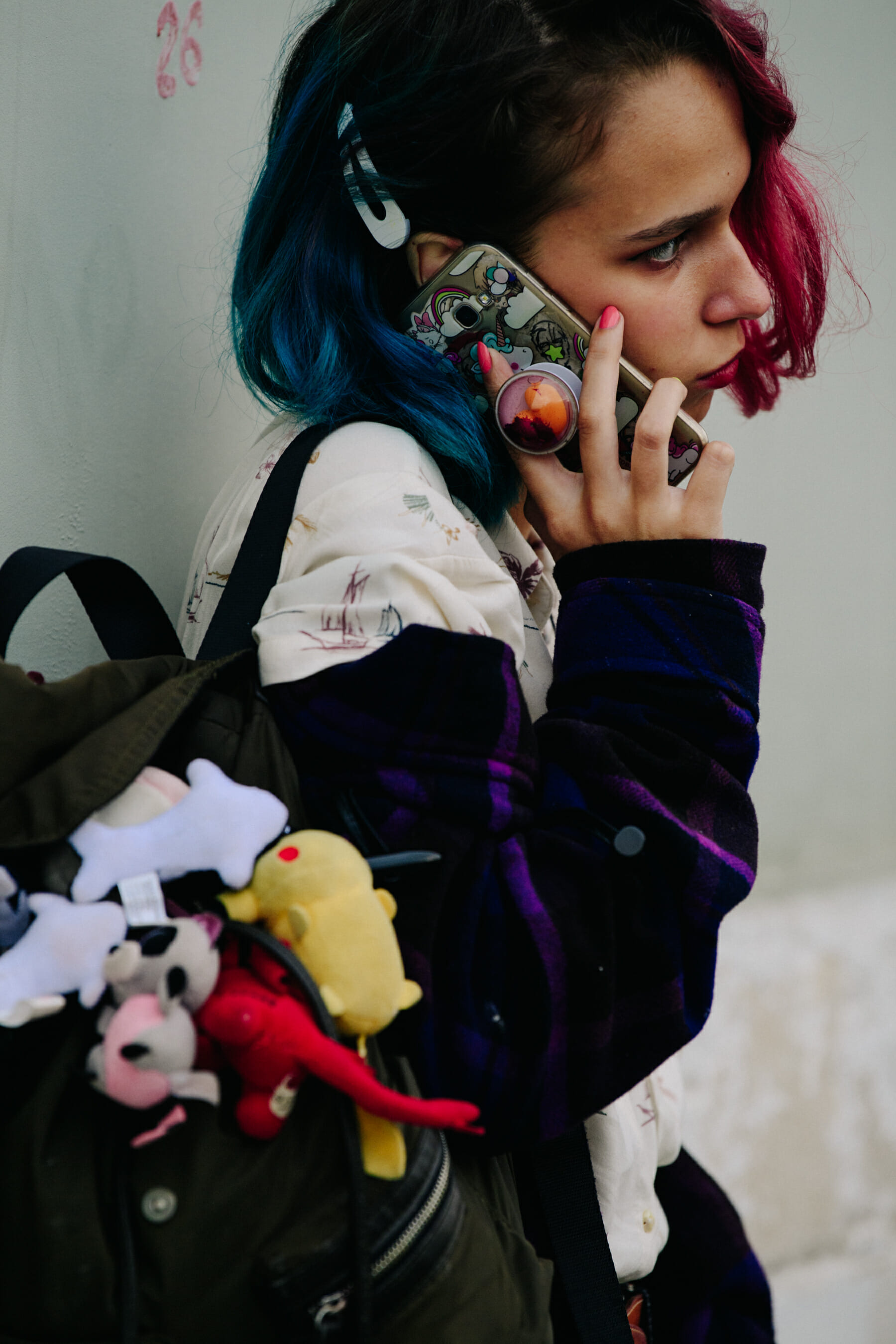 Woman wearing purple shirt