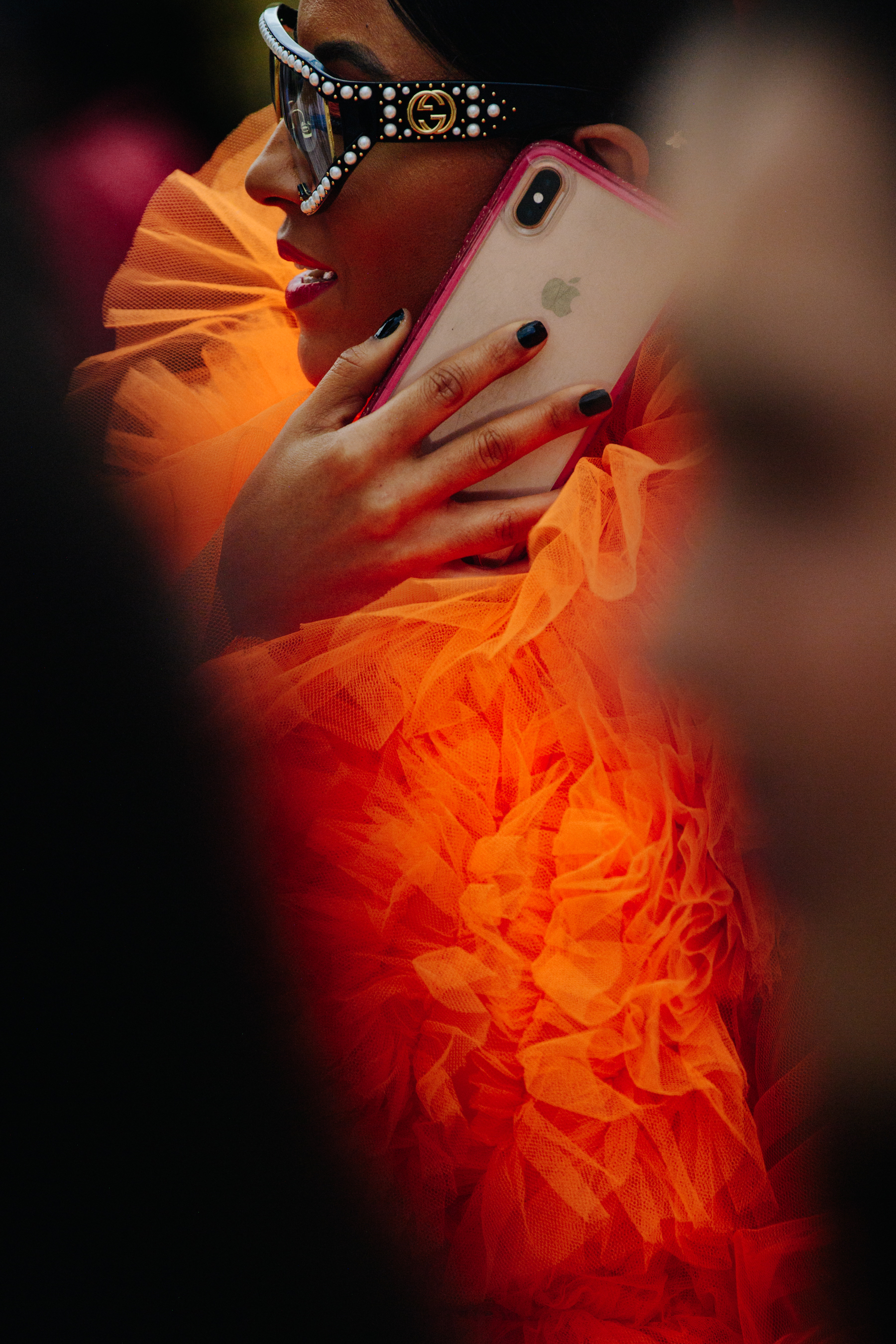 Woman wearing orange dress
