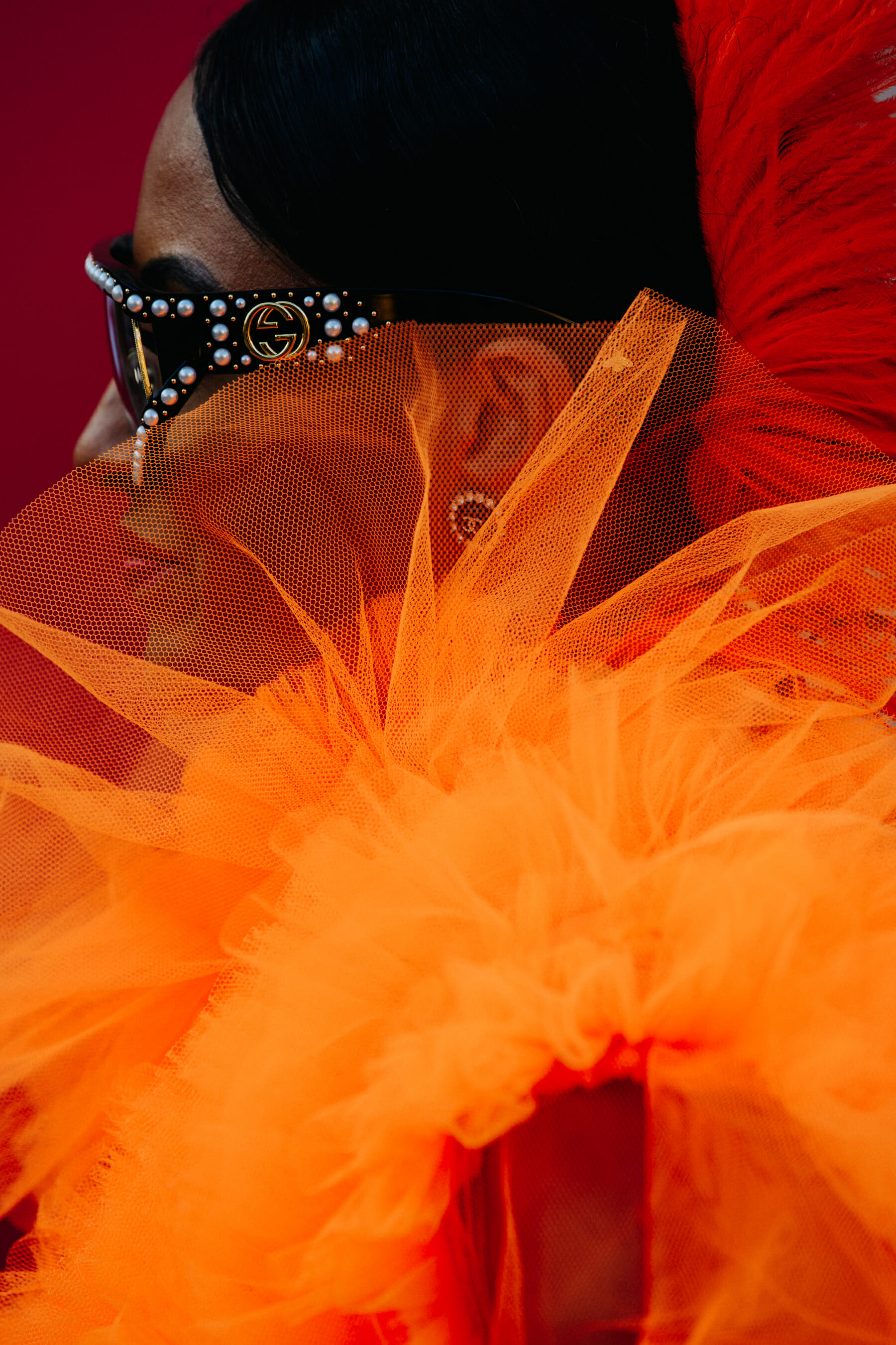 Woman wearing orange dress