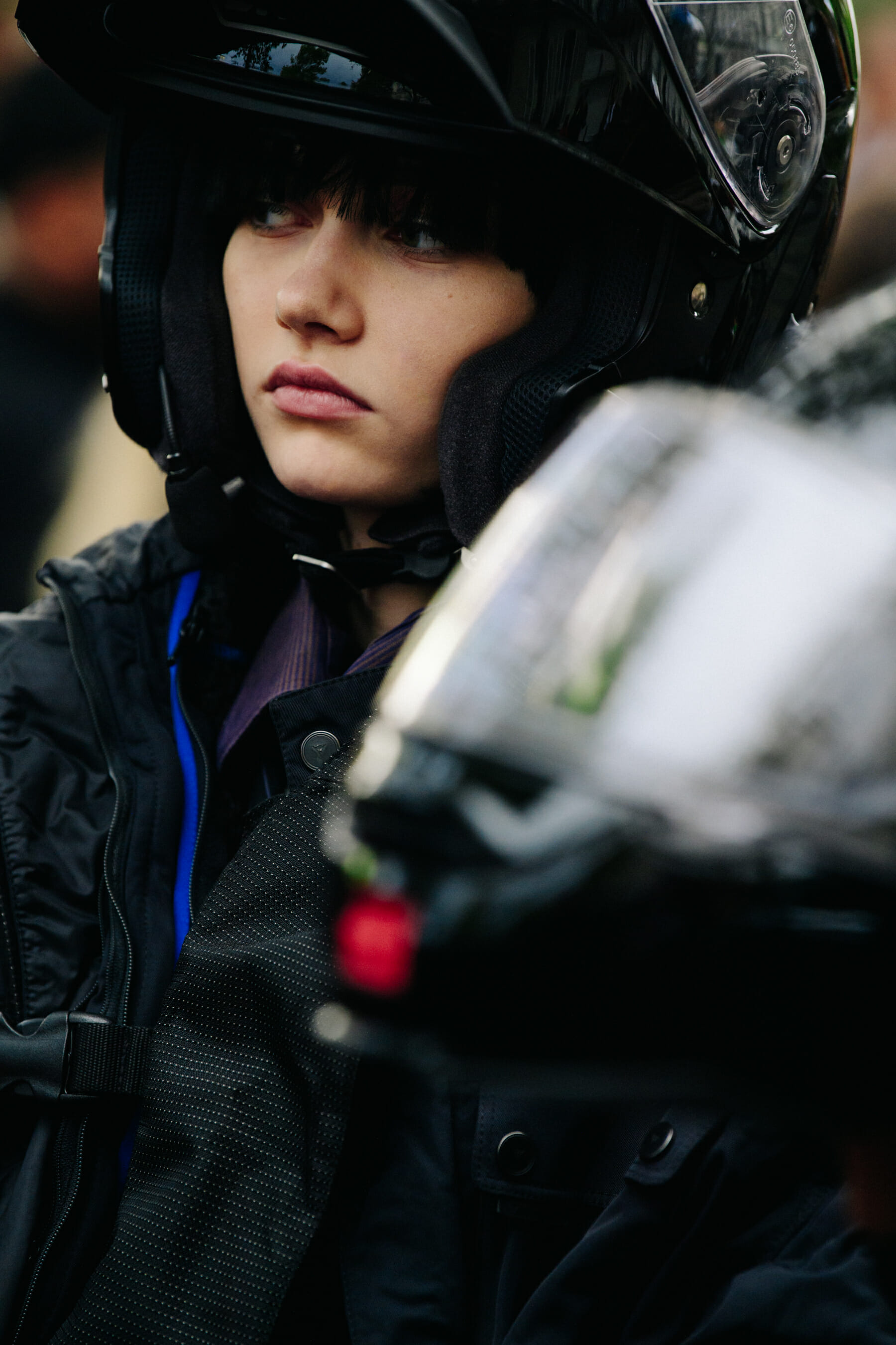 Model wearing helmet