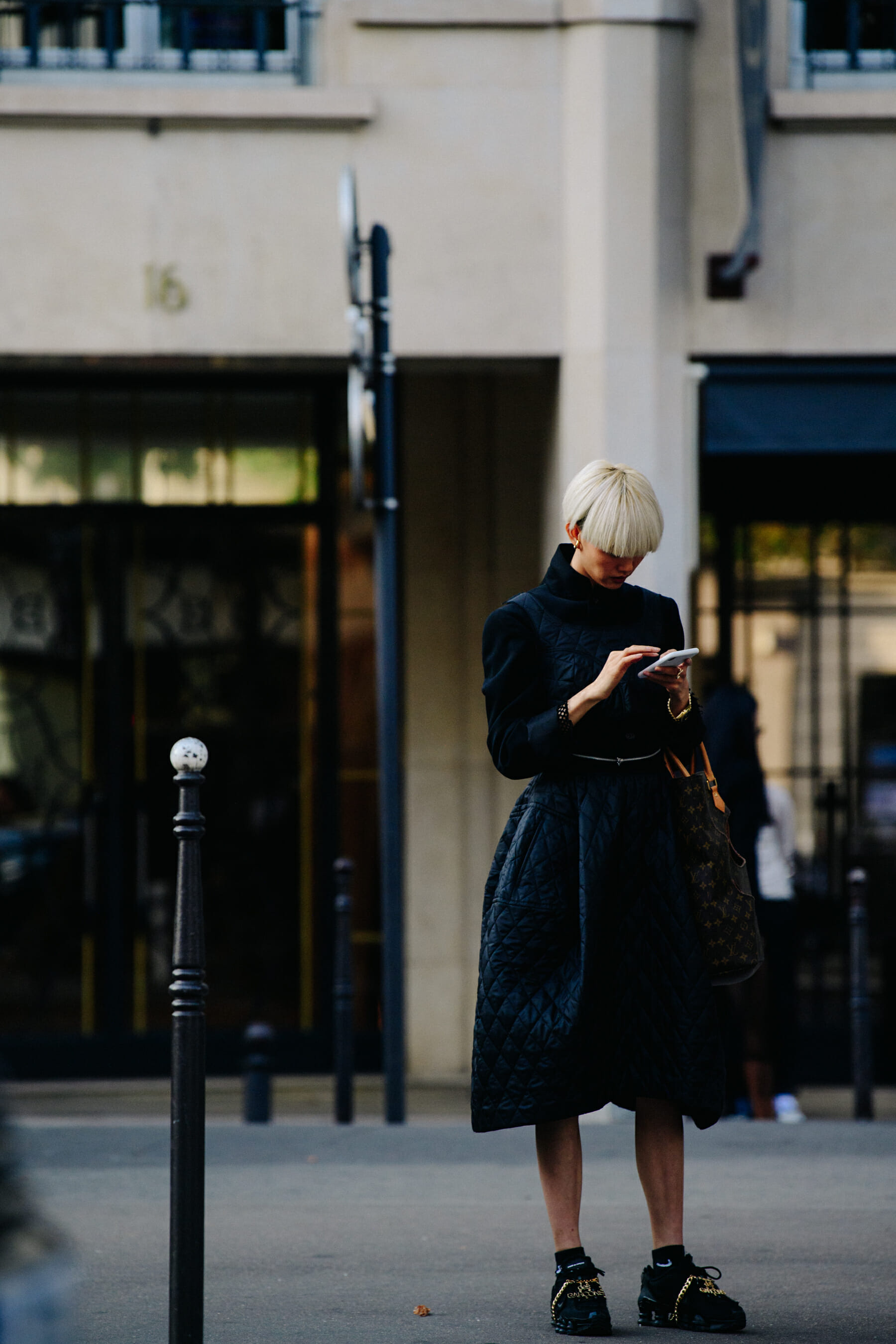 Woman wearing black dress