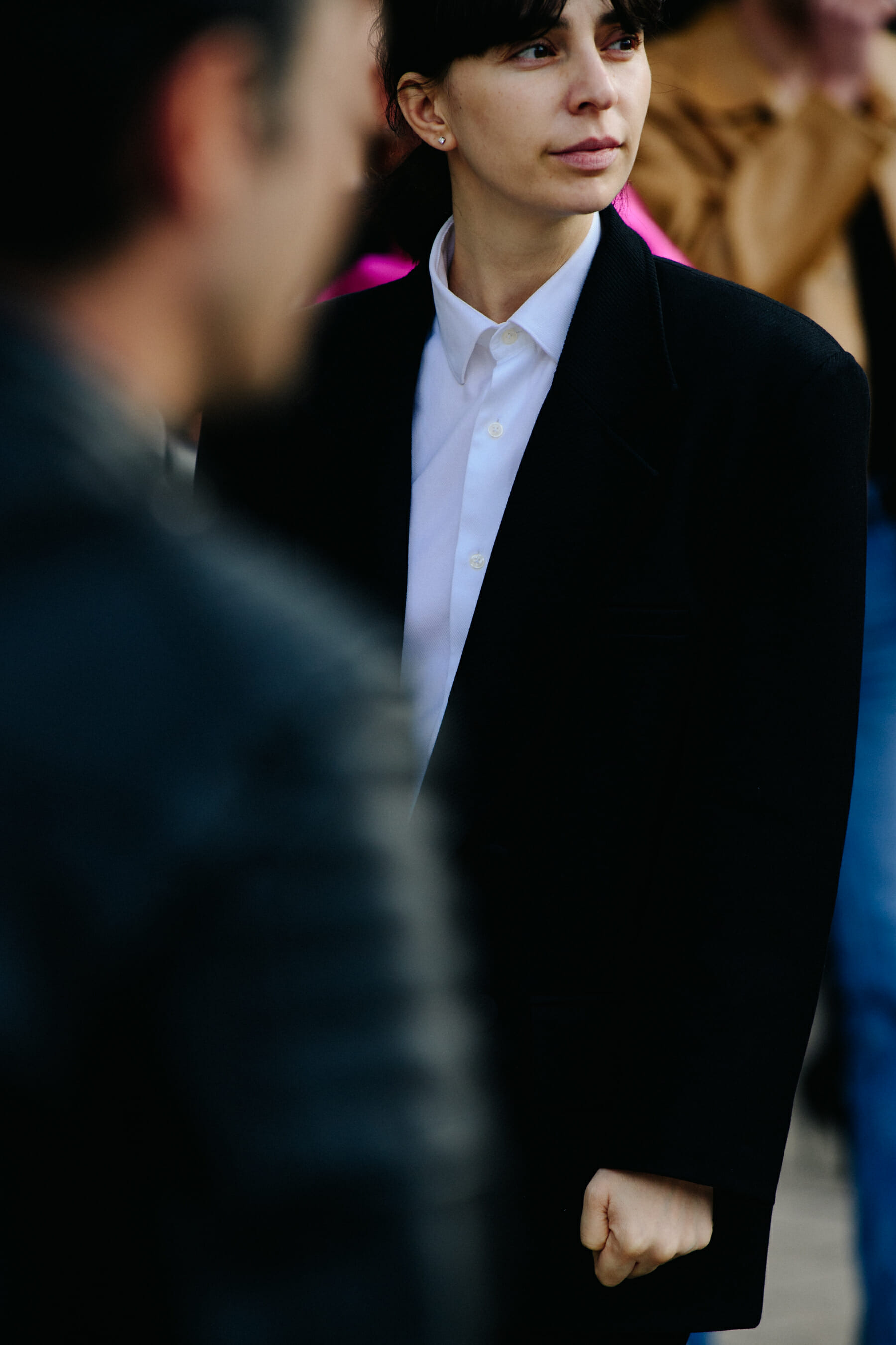 Woman wearing black suit jacket