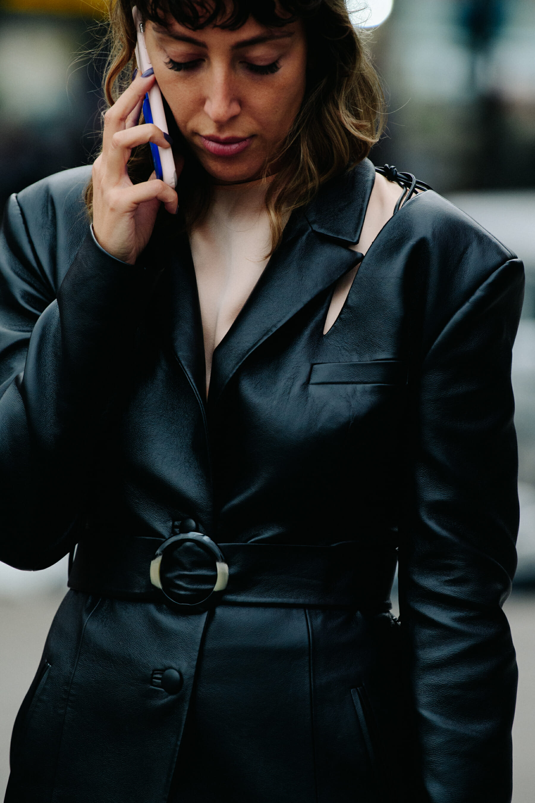 Woman wearing leather coat