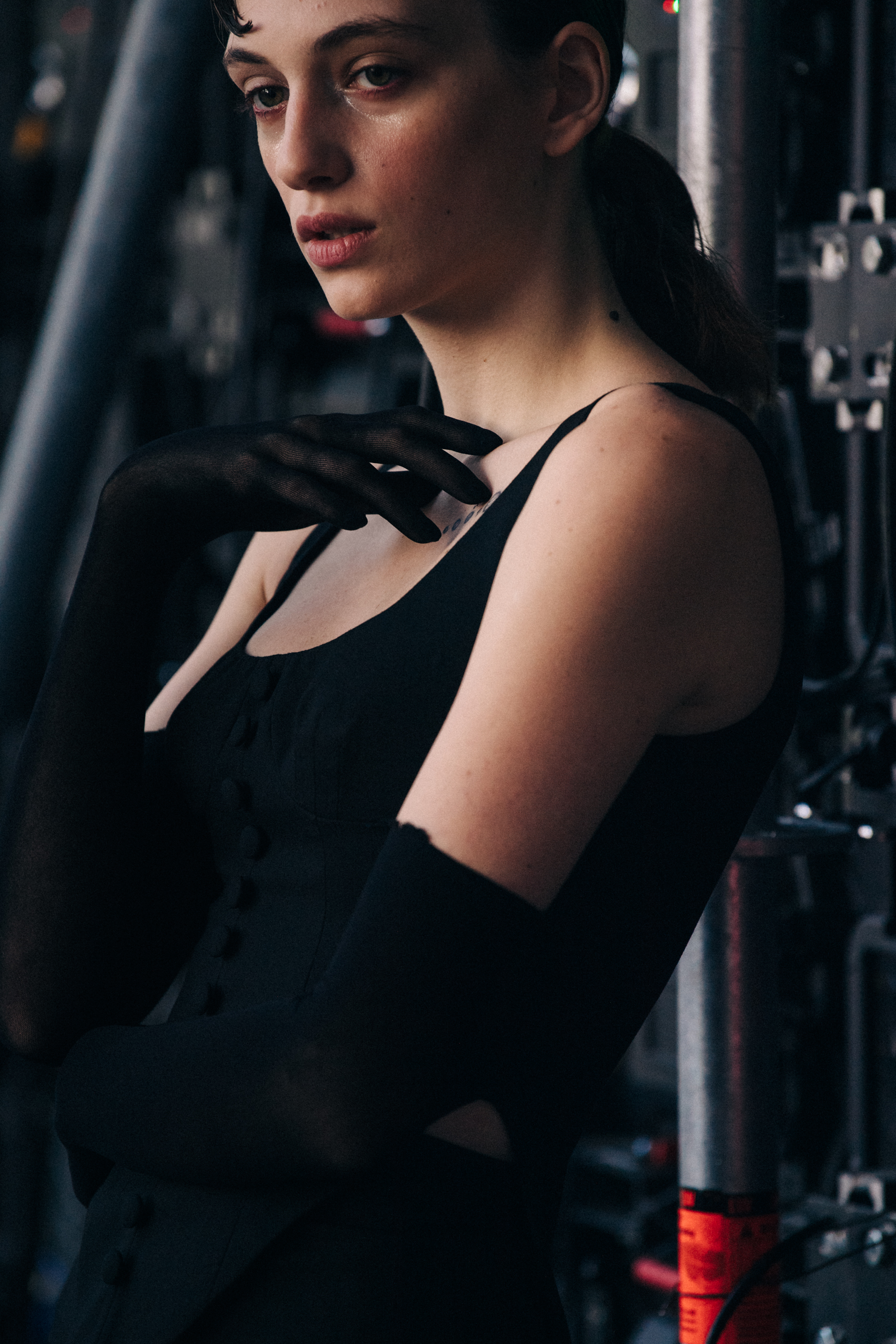 Model wearing black dress
