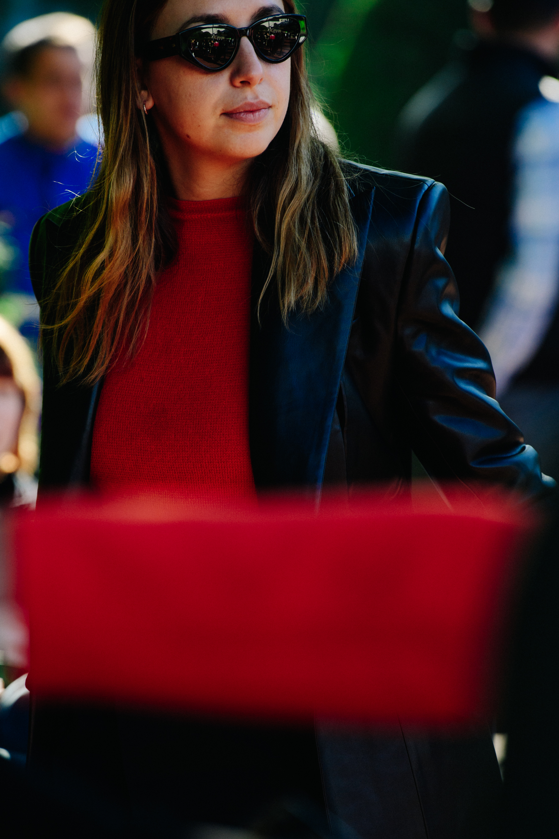 Woman wearing leather jacket