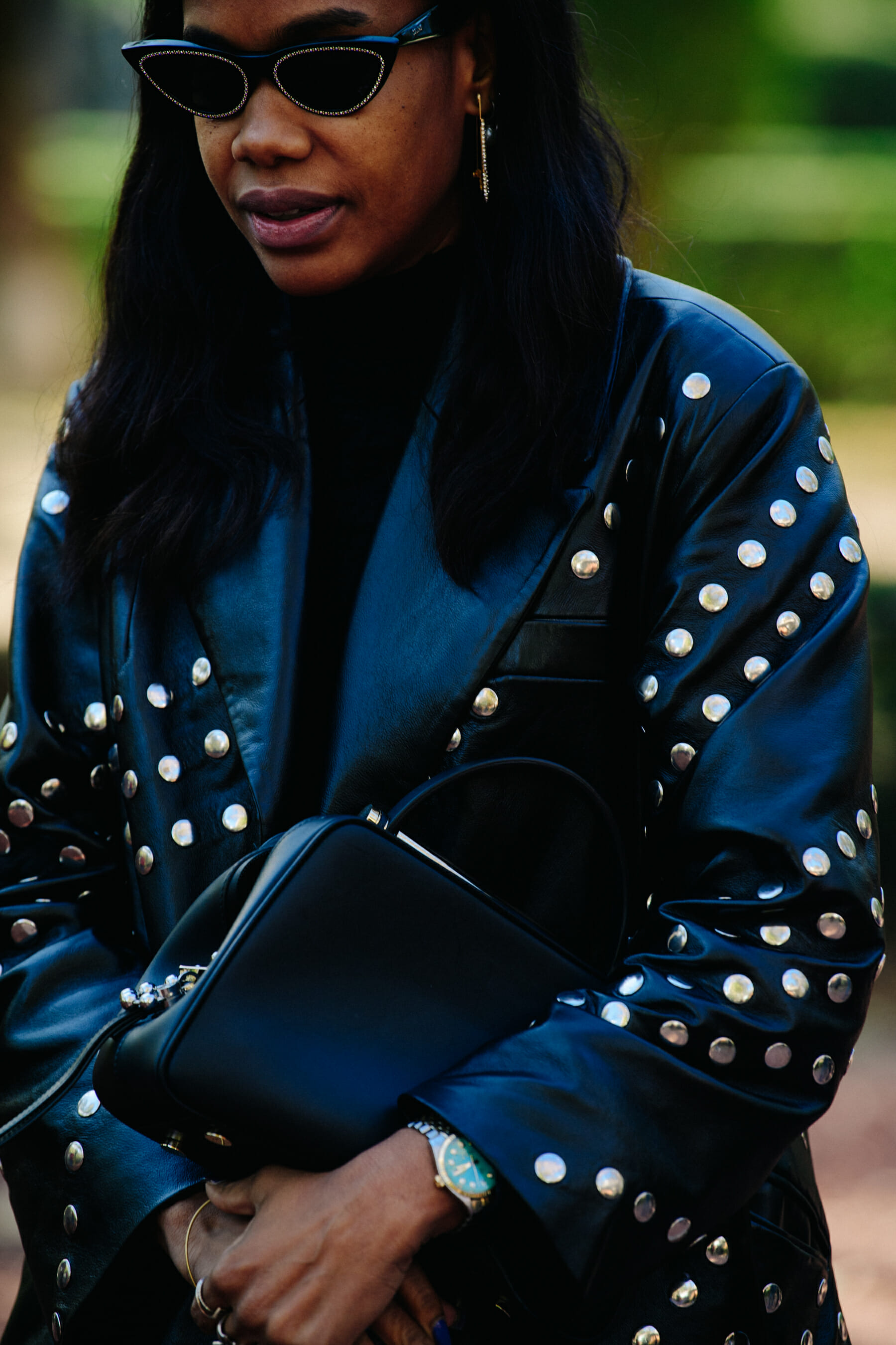 Woman wearing leather coat