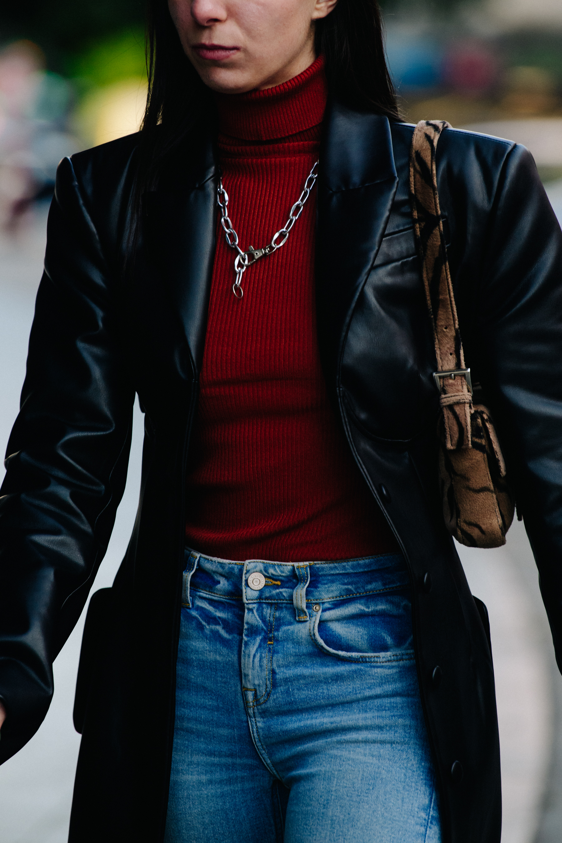 Woman wearing red turtleneck