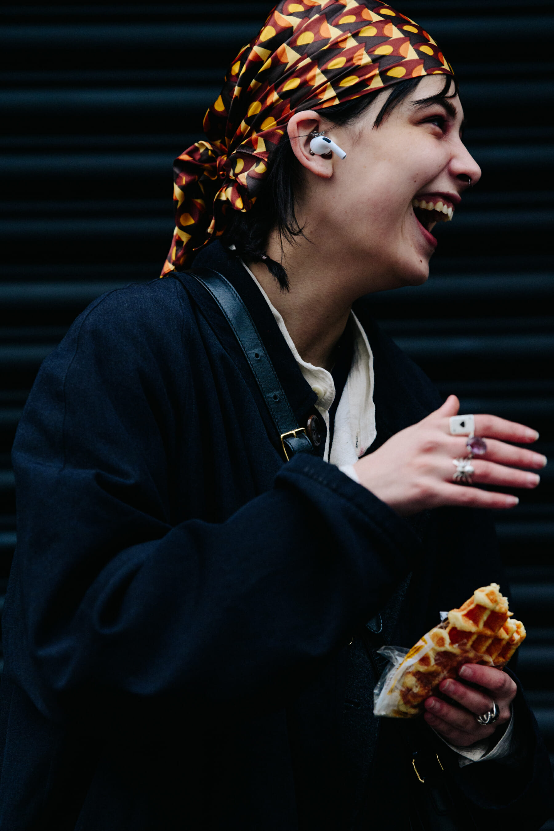 Woman wearing pattern bandana